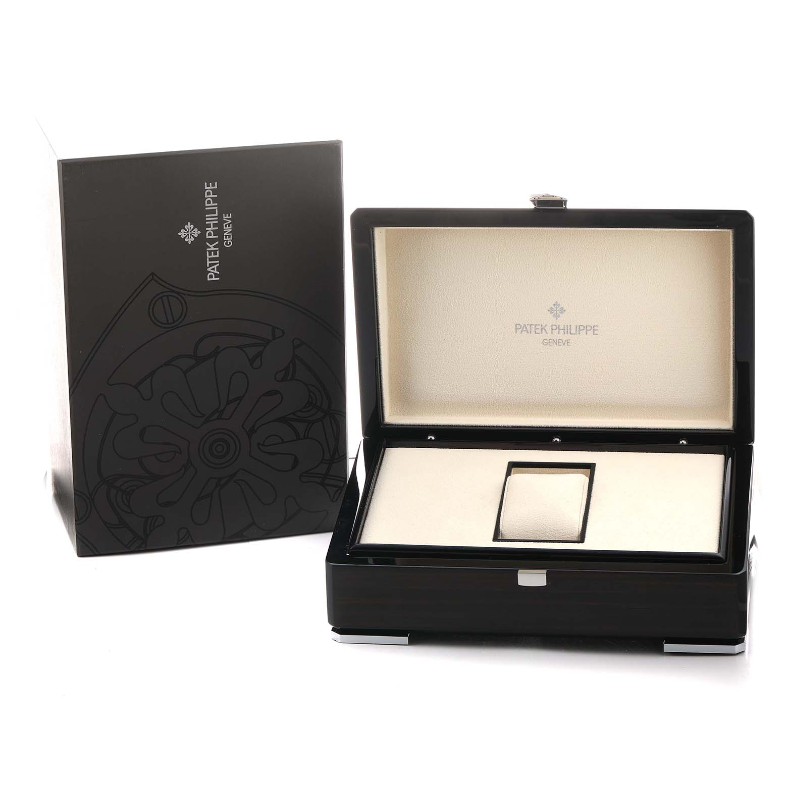 The image shows an open Patek Philippe Gondolo 5135 5135R Men's Rose Gold White Dial watch box and a branded outer box, both viewed from the front angle.