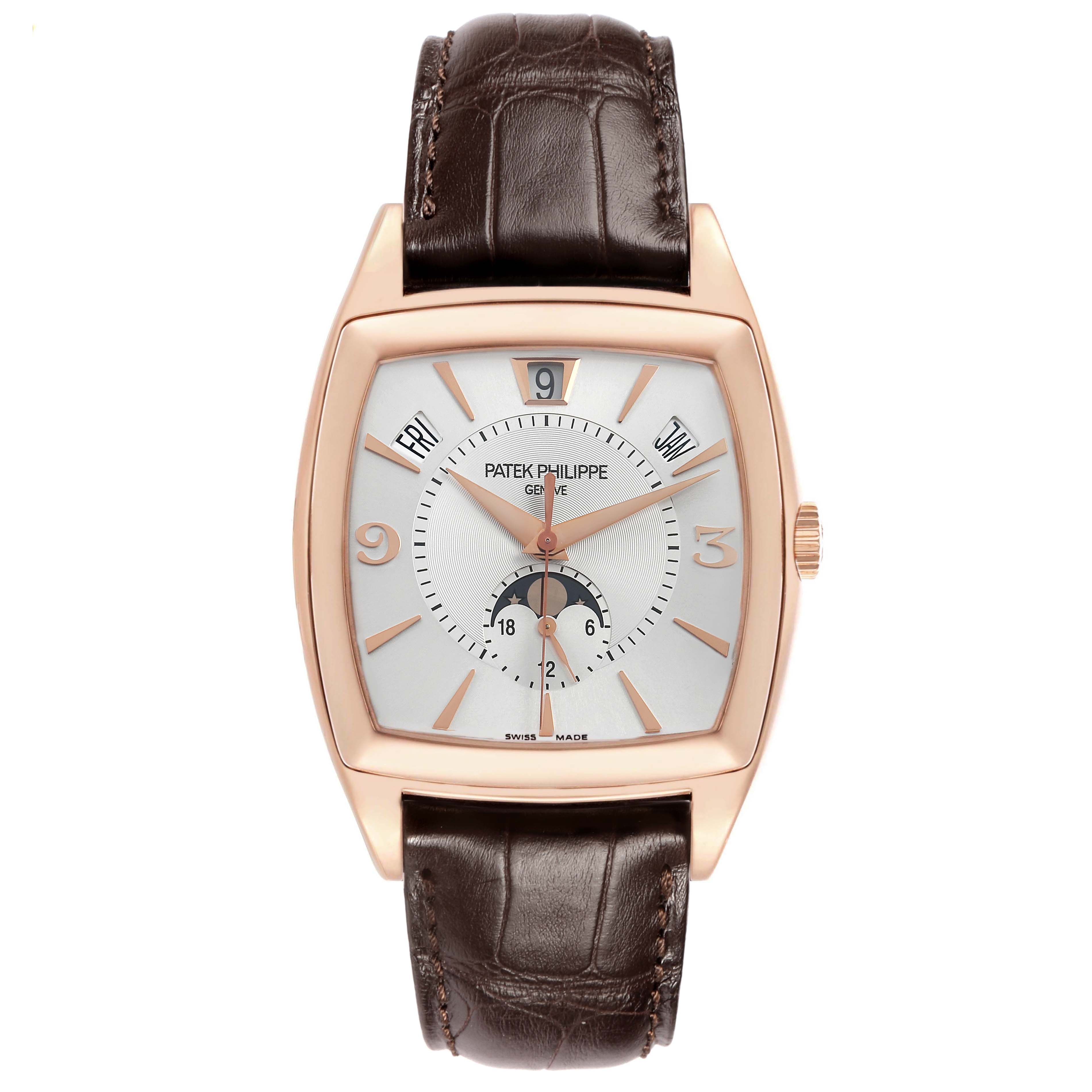The Patek Philippe Gondolo 5135 5135R Men's Rose Gold White Dial watch is shown from the front, highlighting the dial, hands, and leather strap.
