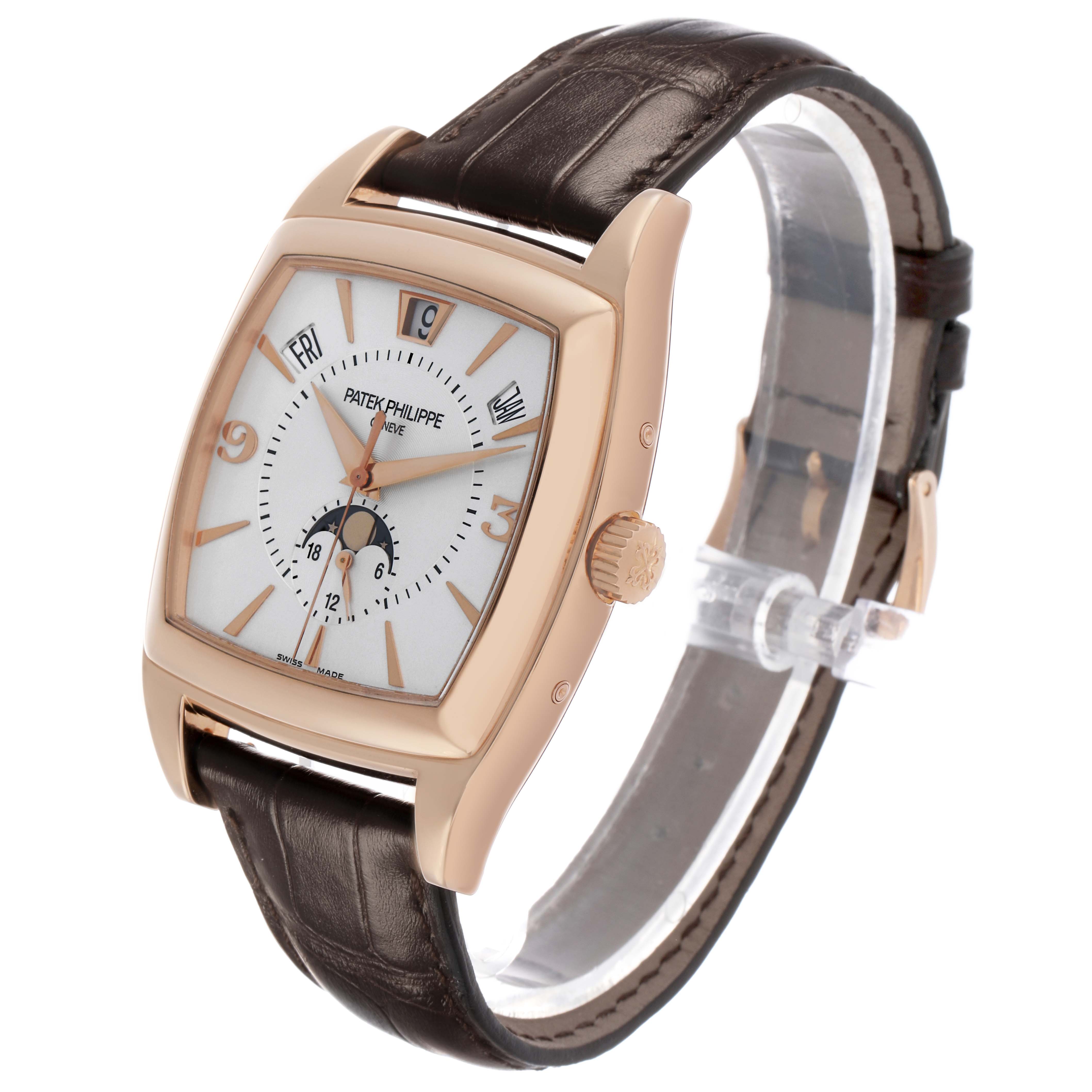 The image shows a Patek Philippe Gondolo 5135 5135R Men's Rose Gold White Dial watch at a slight side angle, highlighting the dial, crown, and leather strap.