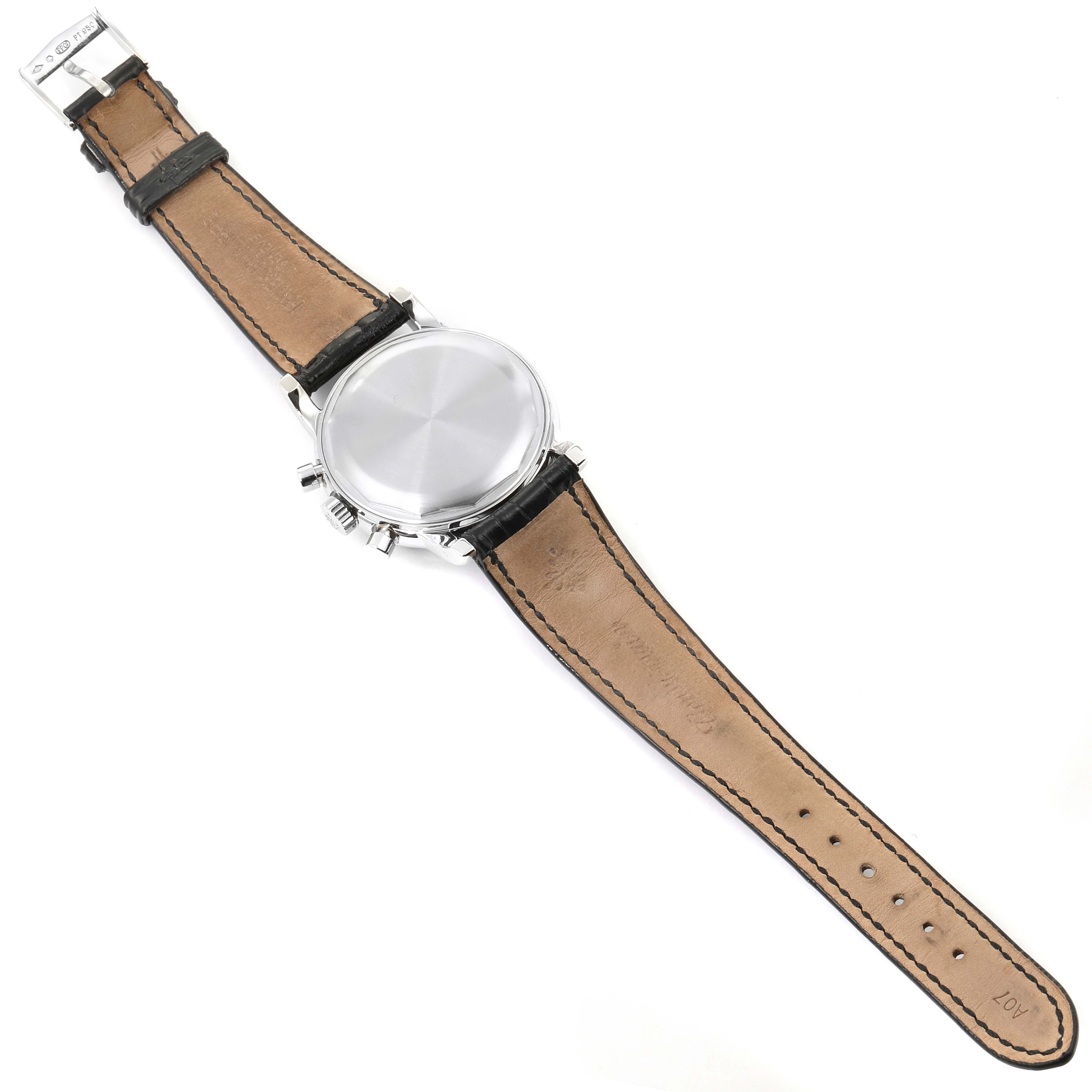 The image shows the back and leather strap of a Patek Philippe Complications 3970EP Men's Platinum Black Dial 3970EP Men's Platinum Black Dial watch, viewed from above.