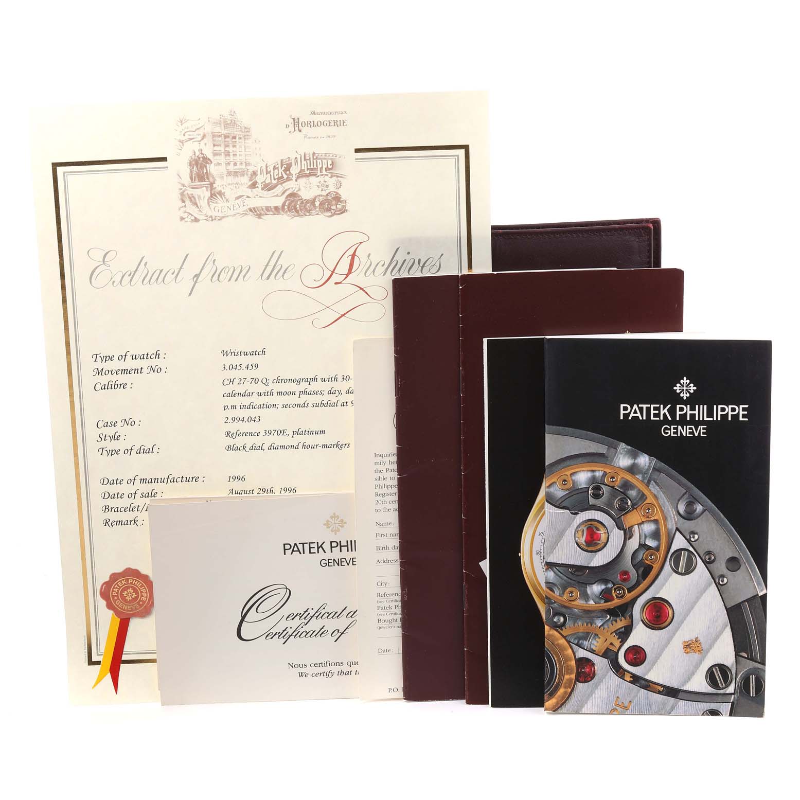 The image shows the documentation and certificates for a Patek Philippe Complications 3970EP Men's Platinum Black Dial 3970EP Men's Platinum Black Dial model watch, including a certificate of origin and booklet.