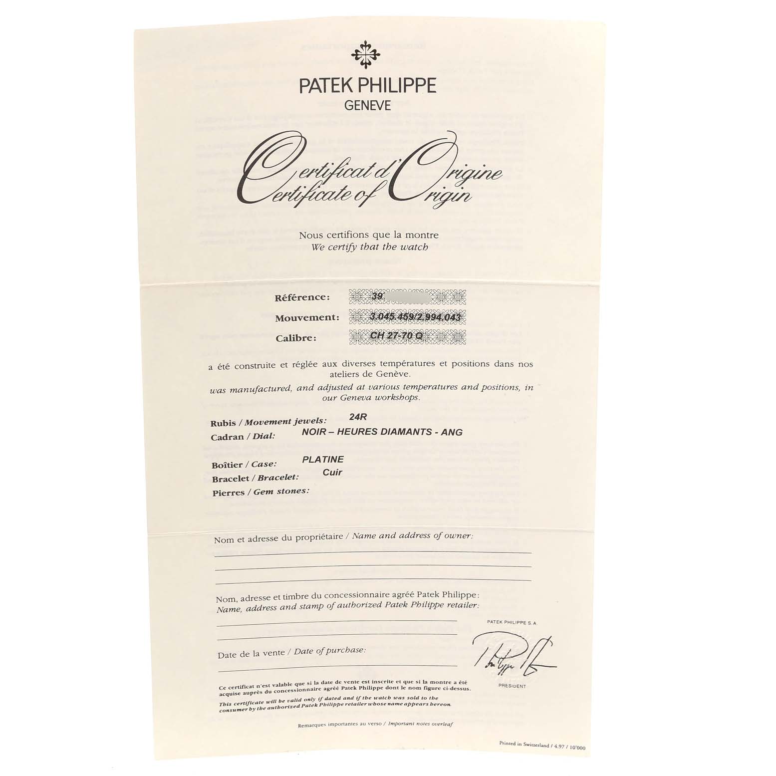 The image shows the Certificate of Origin for the Patek Philippe Complications 3970EP Men's Platinum Black Dial 3970EP Men's Platinum Black Dial watch model.