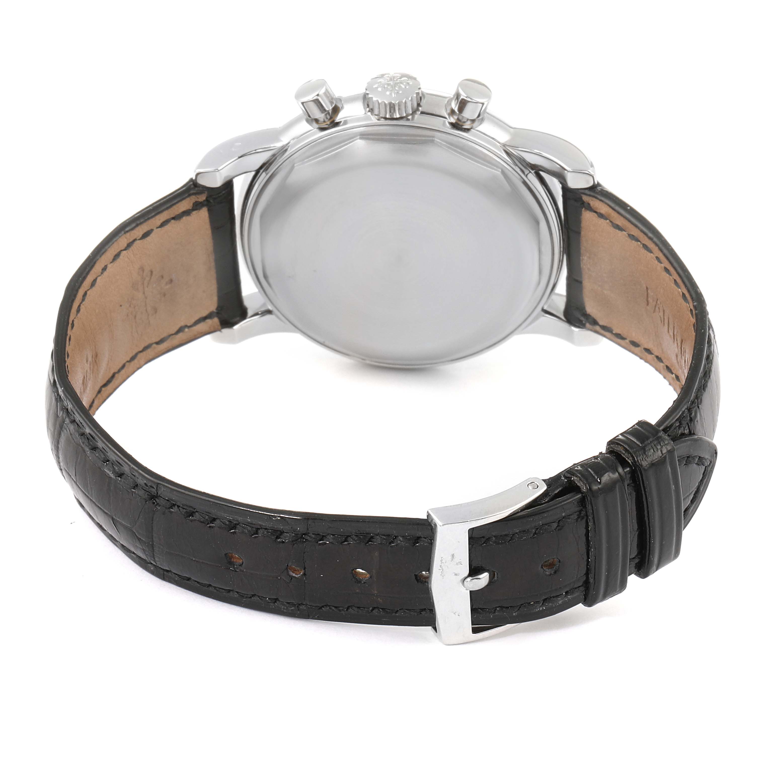 The image shows the back of a Patek Philippe Complications 3970EP Men's Platinum Black Dial 3970EP Men's Platinum Black Dial model watch, including its leather strap and clasp.