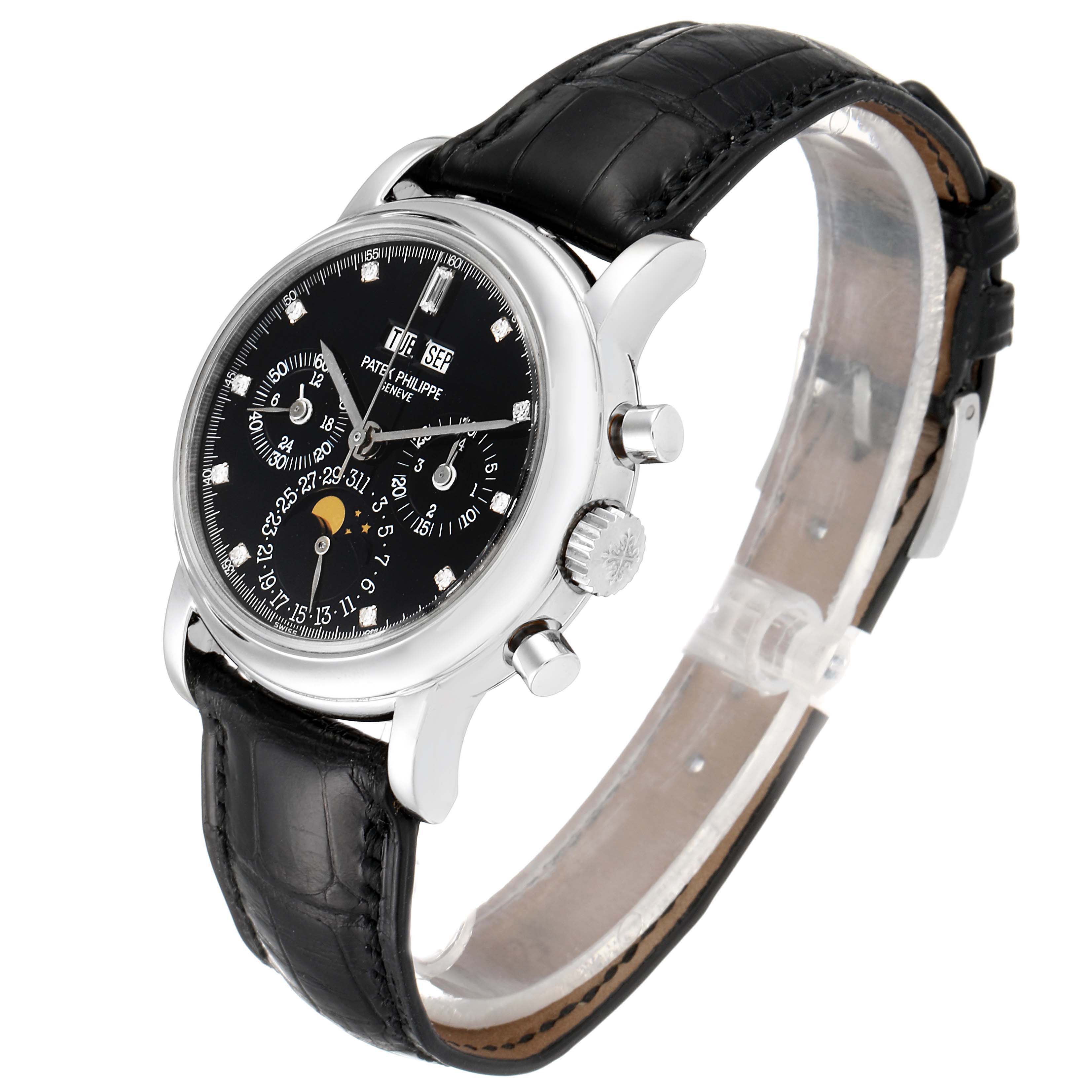 The Patek Philippe Complications 3970EP Men's Platinum Black Dial 3970EP Men's Platinum Black Dial watch is shown at a three-quarter angle, displaying the dial, crown, and leather strap.