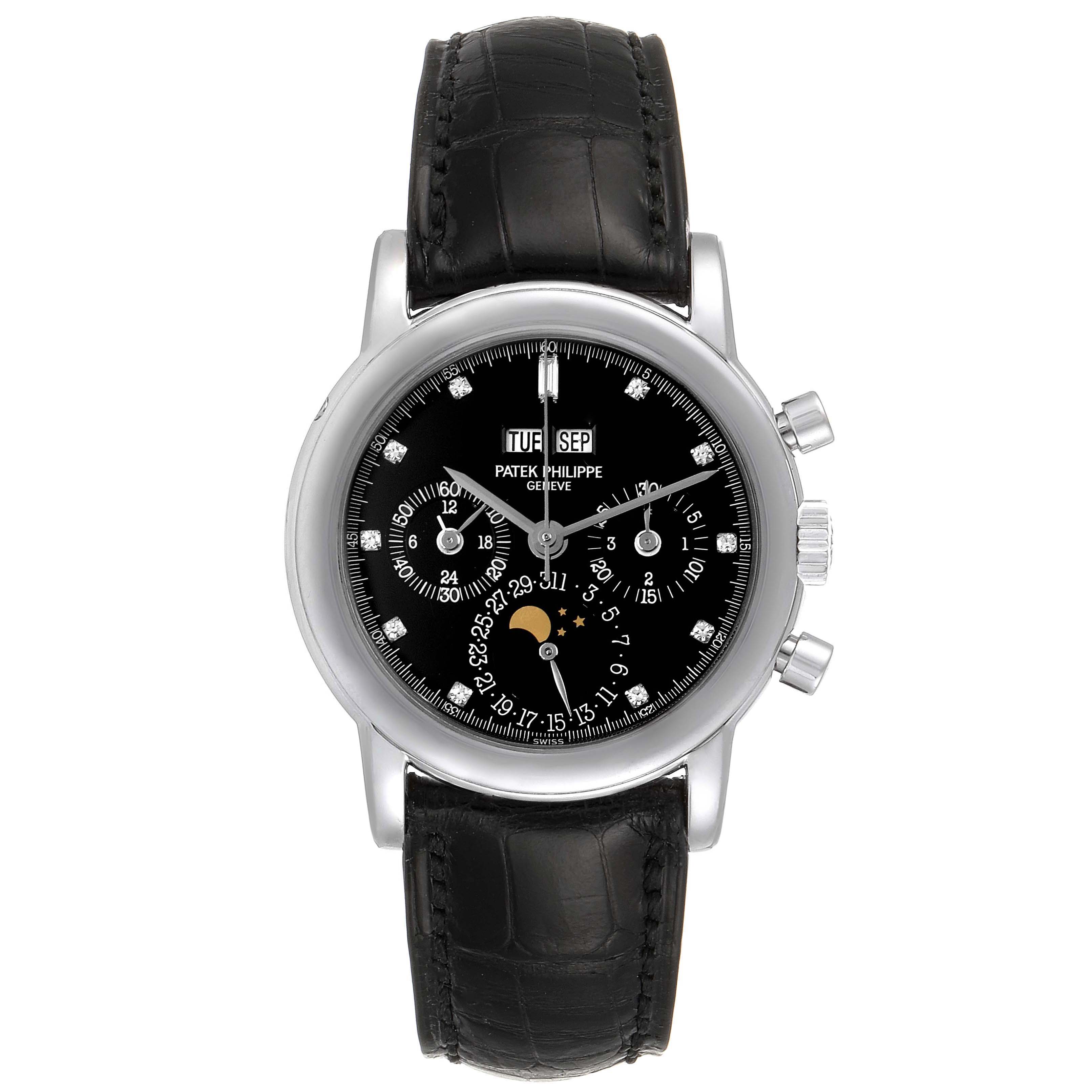 The image shows a Patek Philippe Complications 3970EP Men's Platinum Black Dial 3970EP Men's Platinum Black Dial model watch, displaying its black dial, sub-dials, and leather strap from a front angle.