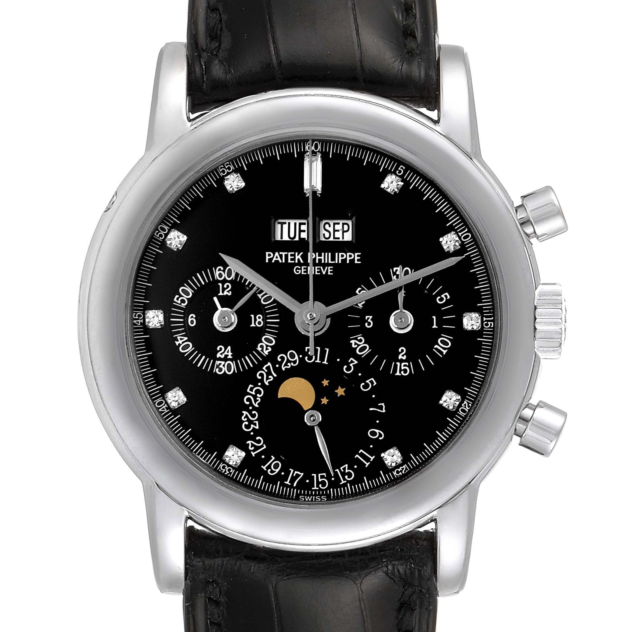 This image shows a front view of the Patek Philippe Complications 3970EP Men's Platinum Black Dial 3970EP Men's Platinum Black Dial watch, displaying the face, dial, pushers, and part of the leather strap.