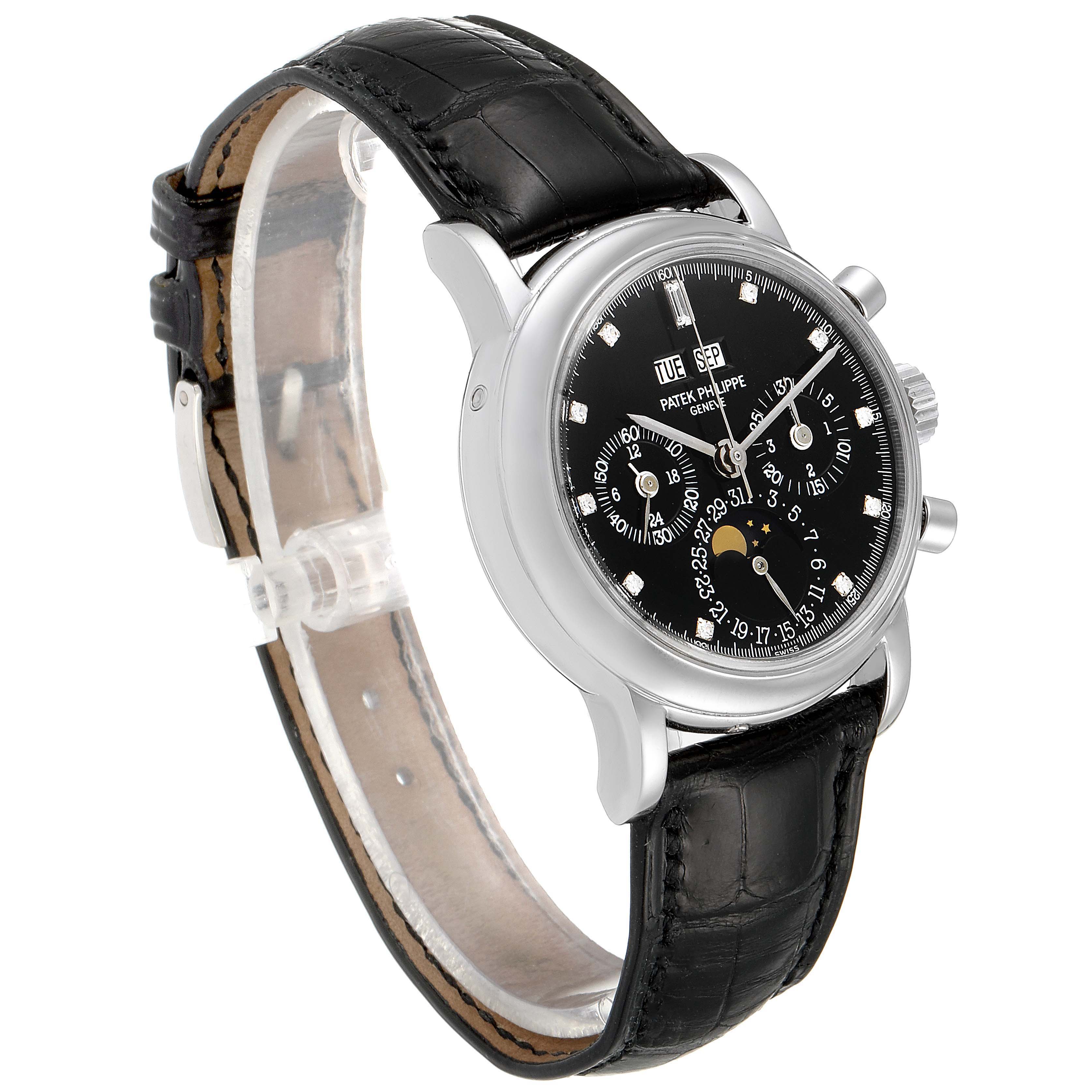 The Patek Philippe Complications 3970EP Men's Platinum Black Dial 3970EP Men's Platinum Black Dial model is shown at a three-quarters angle, displaying the face, crown, pushers, and leather strap.