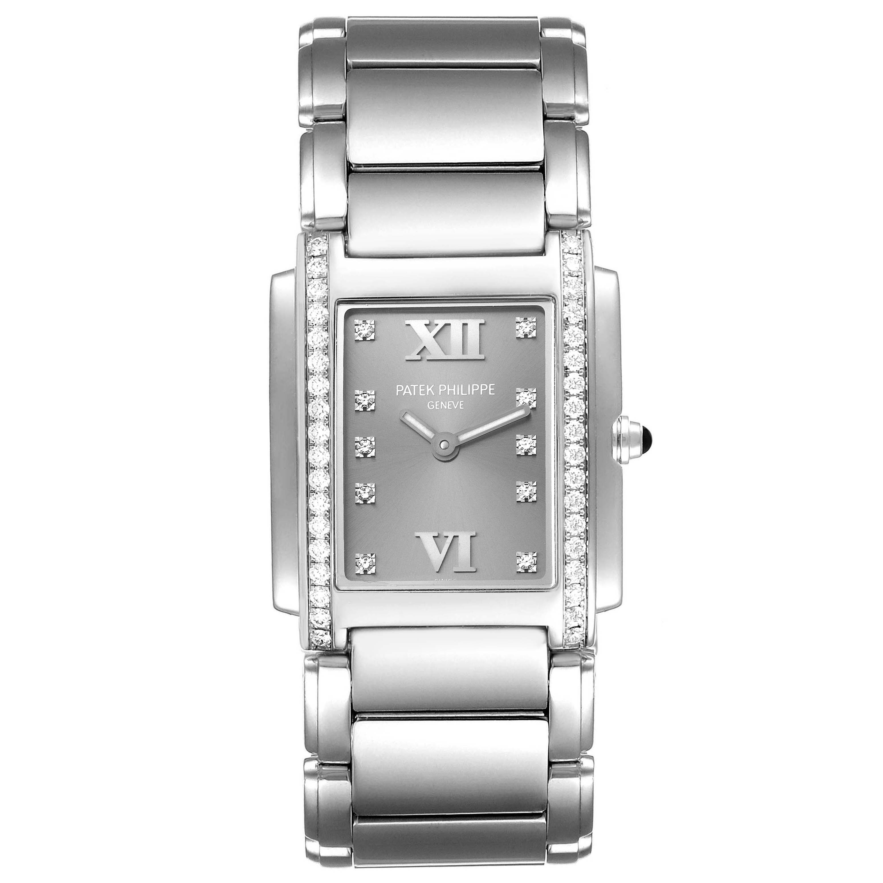 The Patek Philippe Twenty-4 4910/010 Women's Stainless Steel Grey Dial 4910/010 Women's Stainless Steel Grey Dial watch is shown from a top-down angle, displaying the face and the bracelet in detail.