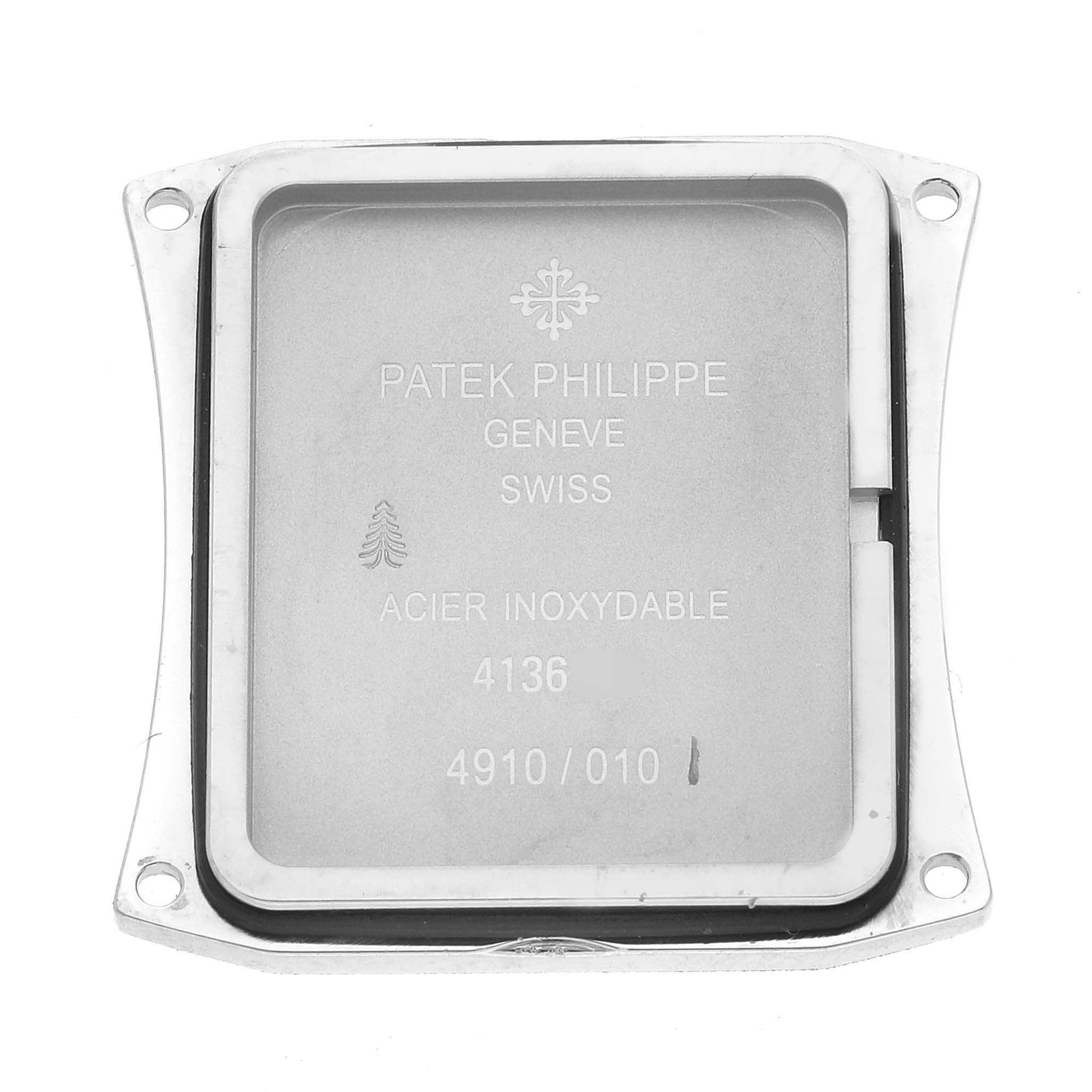 This image shows the back cover of a Patek Philippe Twenty-4 4910/010 Women's Stainless Steel Grey Dial 4910/010 Women's Stainless Steel Grey Dial model watch.