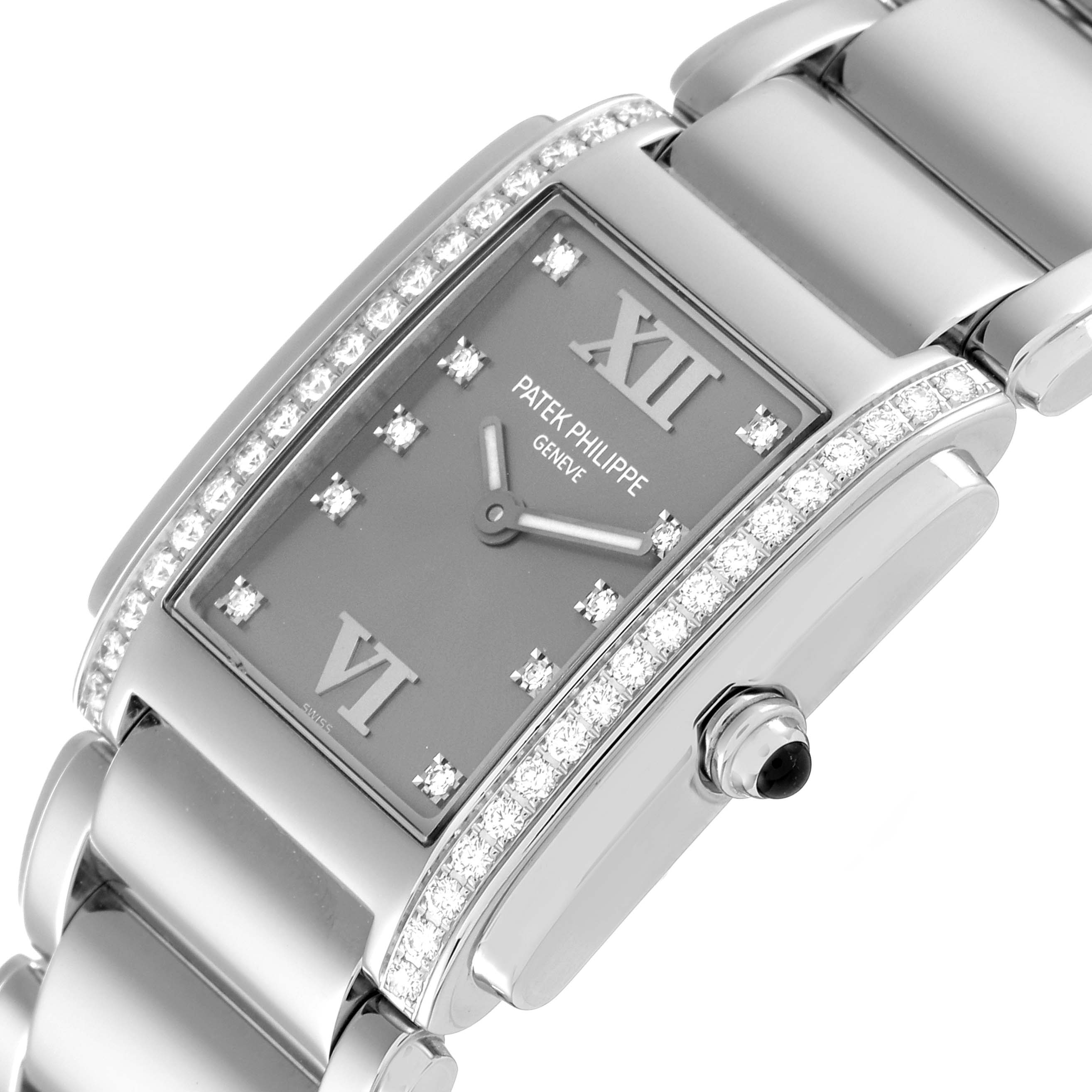 The image shows a close-up angle of the Patek Philippe Twenty-4 4910/010 Women's Stainless Steel Grey Dial 4910/010 Women's Stainless Steel Grey Dial watch, highlighting the dial, diamond accents, and part of the bracelet.