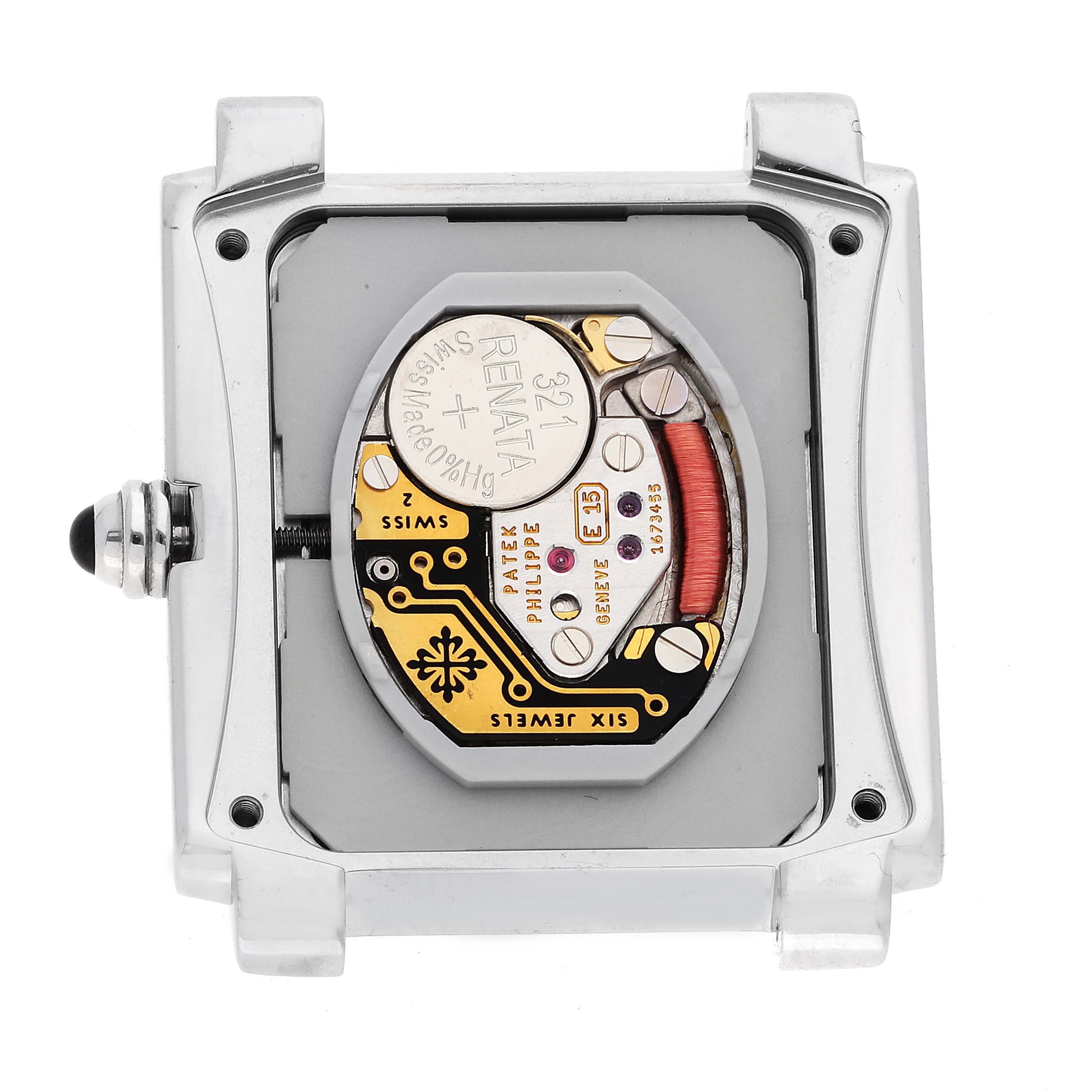 This image shows the back of a Patek Philippe Twenty-4 4910/010 Women's Stainless Steel Grey Dial 4910/010 Women's Stainless Steel Grey Dial watch, highlighting its internal mechanism and battery.