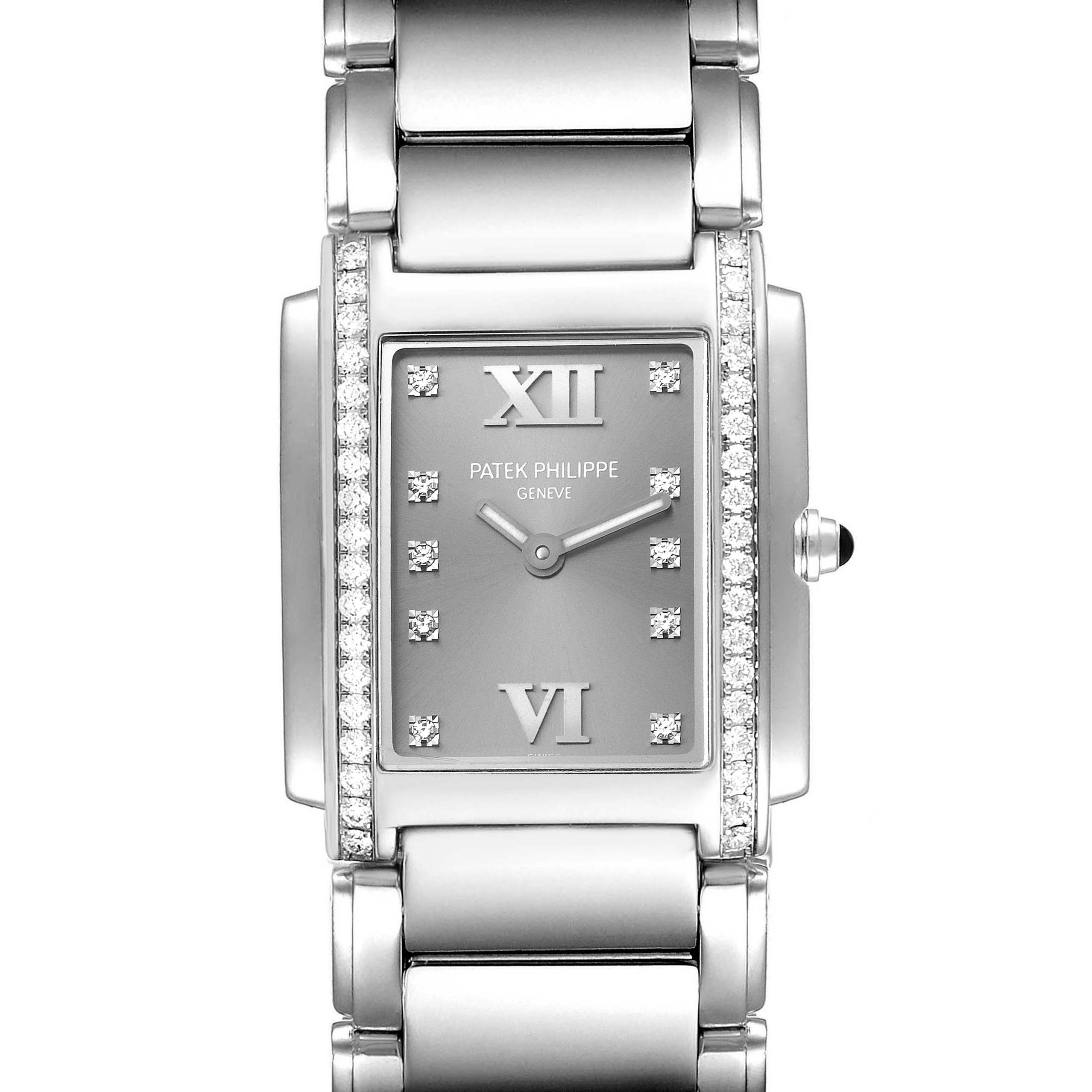 The image shows a front view of the face and part of the bracelet for the Patek Philippe Twenty-4 4910/010 Women's Stainless Steel Grey Dial 4910/010 Women's Stainless Steel Grey Dial model watch.