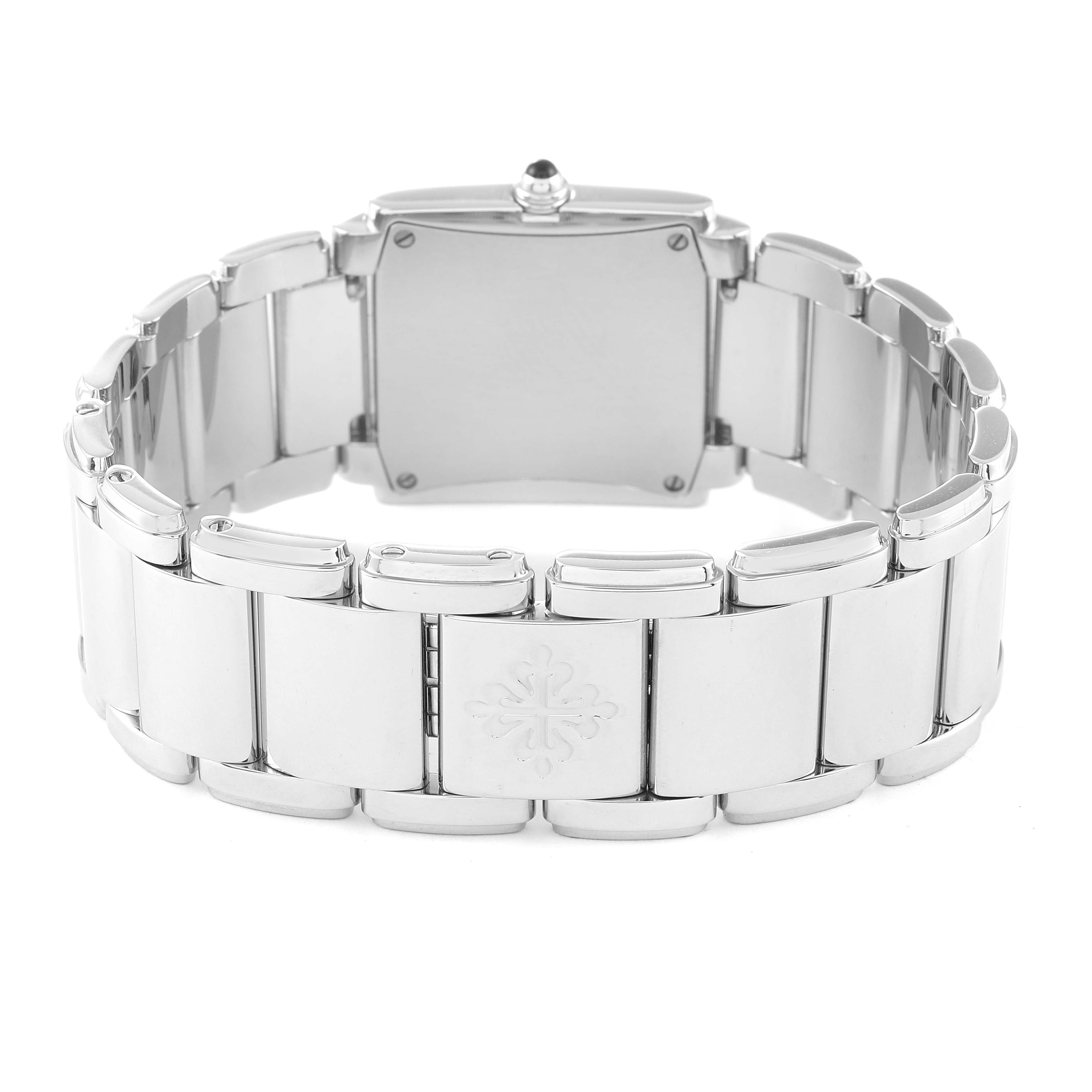 The image shows the back view of a Patek Philippe Twenty-4 4910/010 Women's Stainless Steel Grey Dial 4910/010 Women's Stainless Steel Grey Dial watch, highlighting the metal bracelet and clasp.