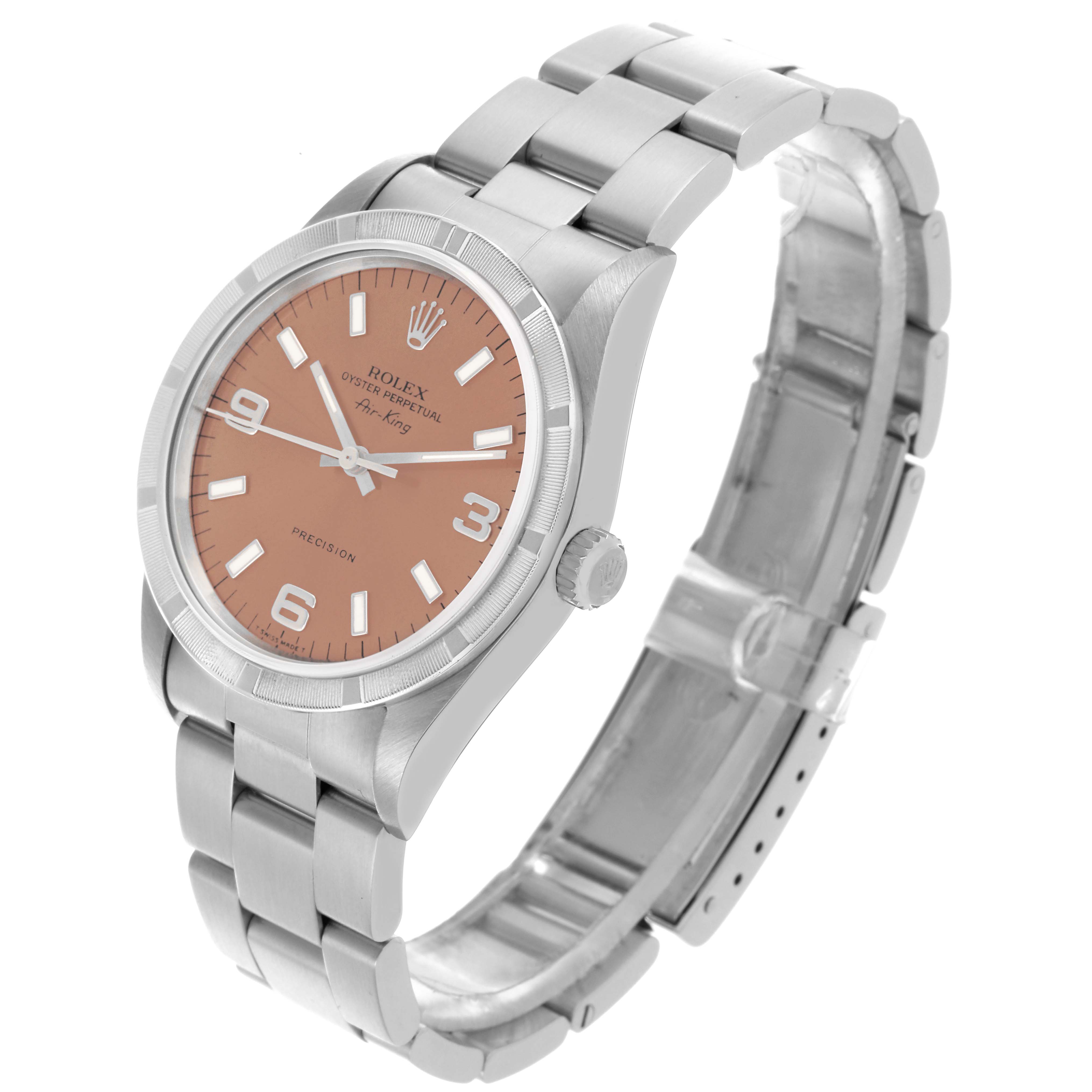 The Rolex Air-King 14010 Men's Stainless Steel Pink Dial 14010 Men's Stainless Steel Pink Dial watch is shown at a three-quarter angle, displaying the dial, case, bracelet, and crown.