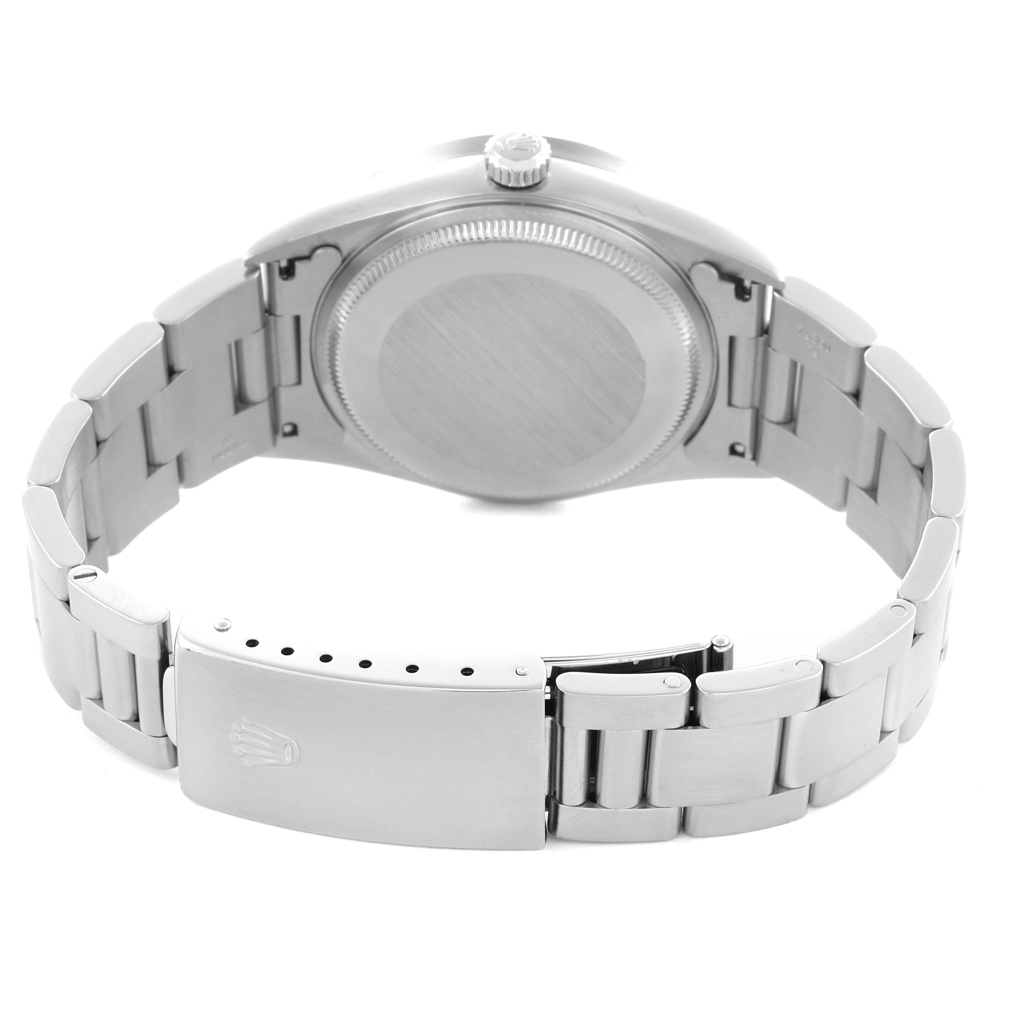 The image shows the back and bracelet of the Rolex Air-King 14010 Men's Stainless Steel Pink Dial 14010 Men's Stainless Steel Pink Dial, focusing on the case back and clasp.