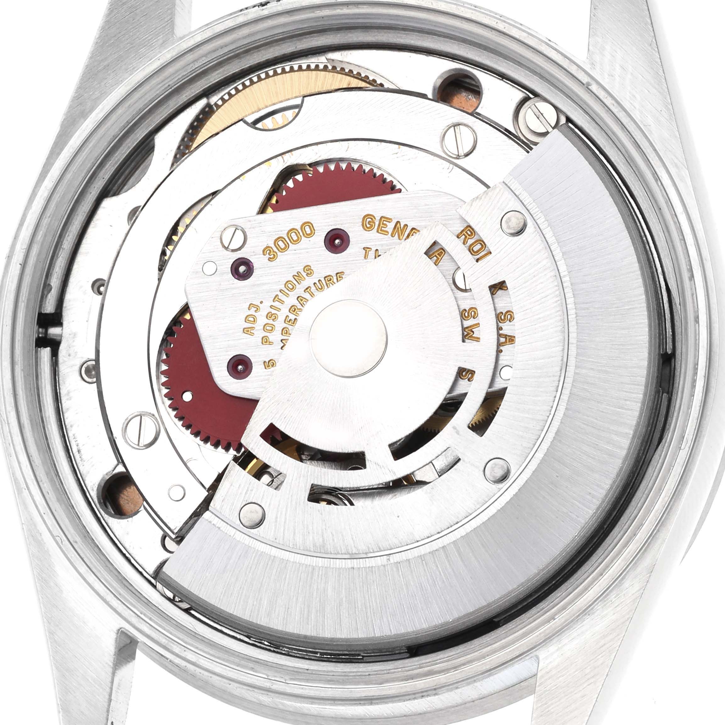 The image shows the back view of the Rolex Air-King 14010 Men's Stainless Steel Pink Dial 14010 Men's Stainless Steel Pink Dial, highlighting its intricate internal movement and rotor.