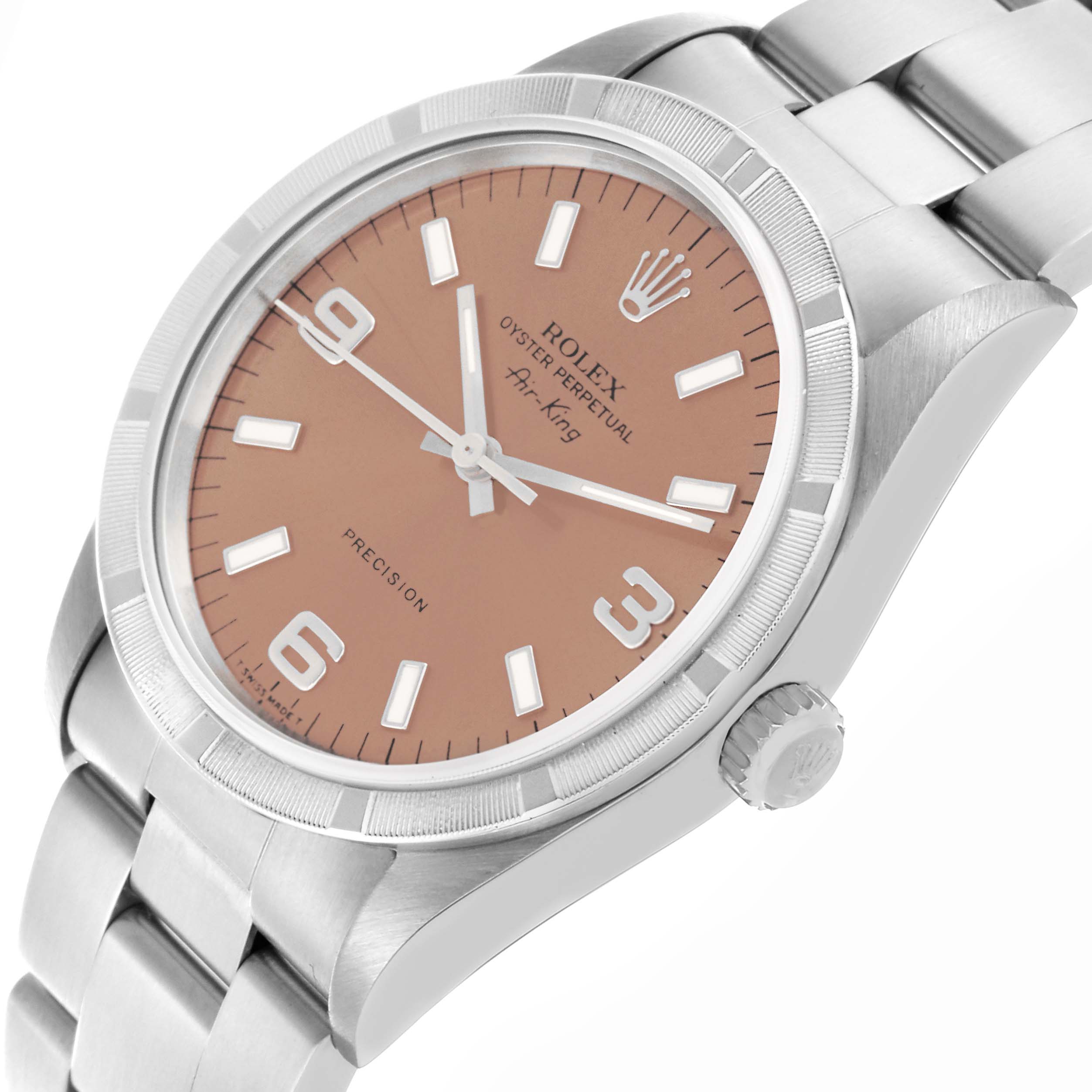 The Rolex Air-King 14010 Men's Stainless Steel Pink Dial 14010 Men's Stainless Steel Pink Dial watch is shown at an angle highlighting the face, bezel, crown, and part of the bracelet.