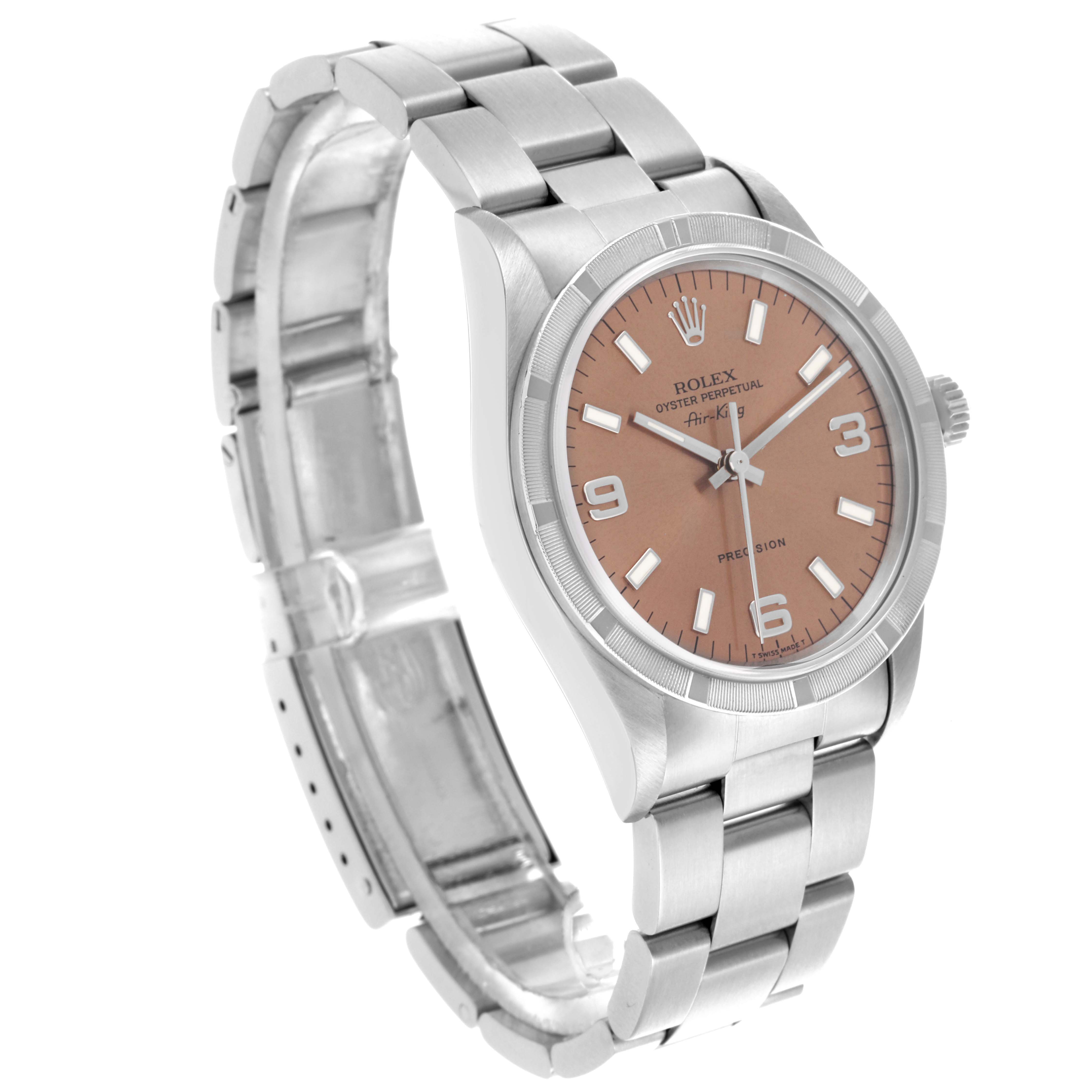 The Rolex Air-King 14010 Men's Stainless Steel Pink Dial 14010 Men's Stainless Steel Pink Dial watch is shown at a slight left angle, displaying the dial, case, and bracelet.