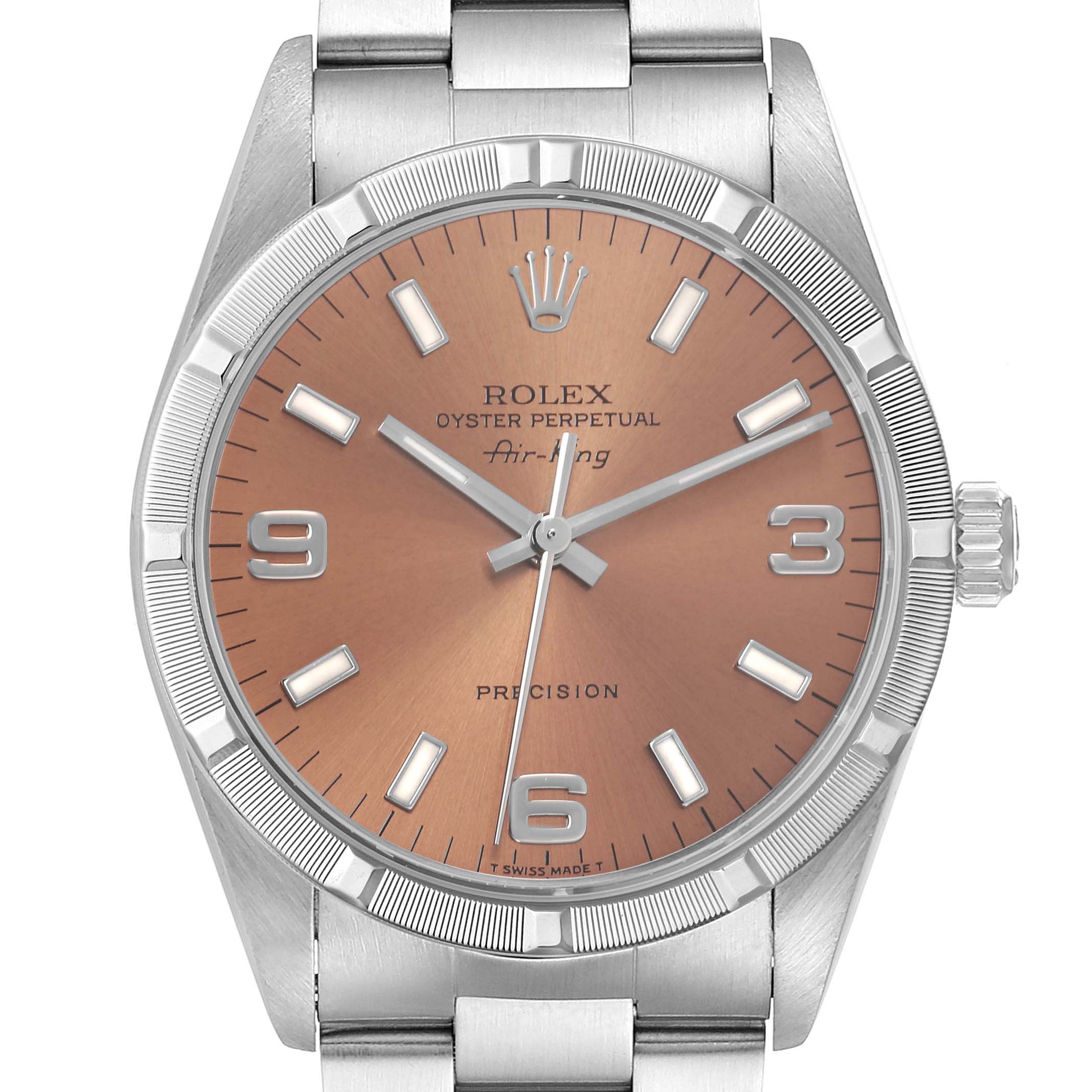 The Rolex Air-King 14010 Men's Stainless Steel Pink Dial 14010 Men's Stainless Steel Pink Dial watch is shown from a front angle, highlighting its face, crown, and top bracelet links.