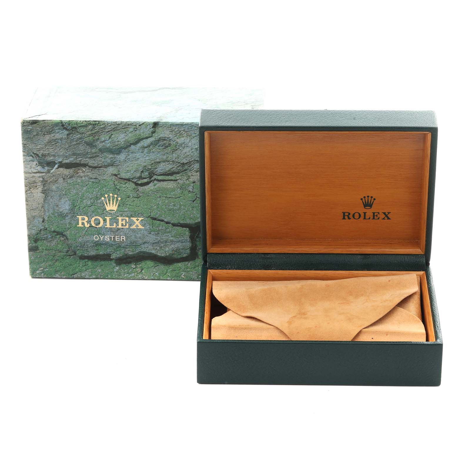 The image shows an open Rolex watch box, possibly for an Air-King model, alongside its outer packaging.