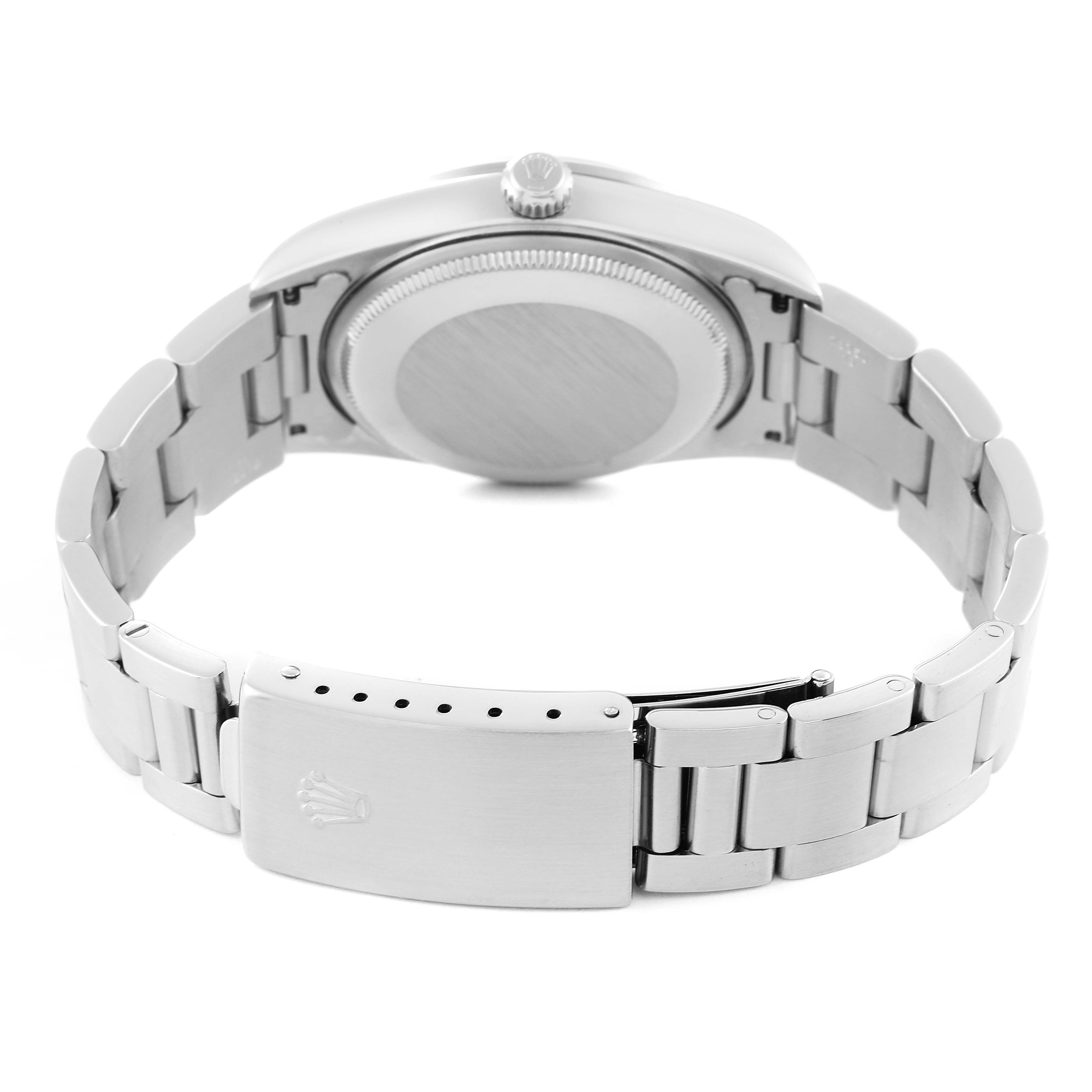 The image shows the back view of a Rolex Air-King 14000M Men's Stainless Steel Black Dial 14000M Men's Stainless Steel Black Dial watch, including the case back, bracelet, and clasp.