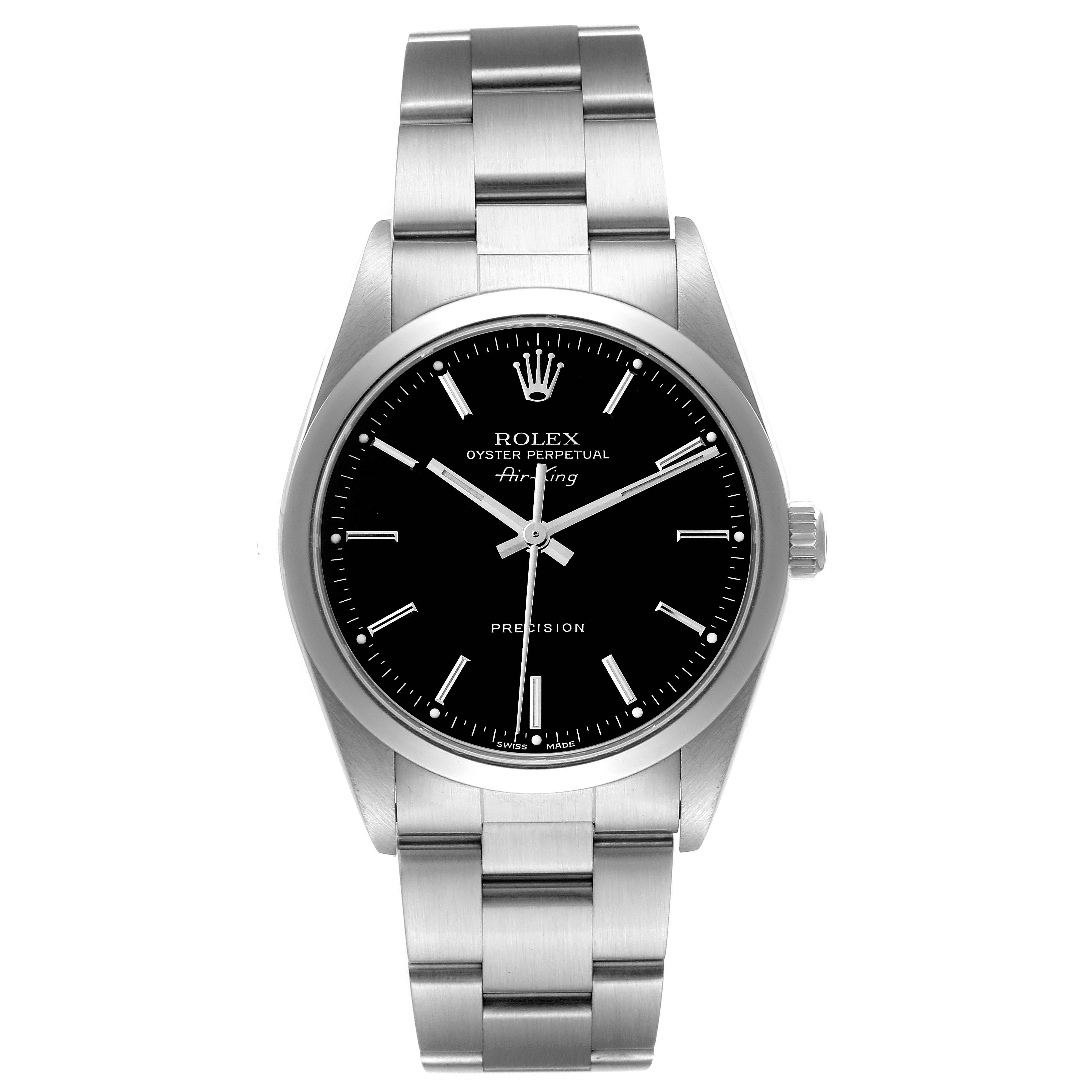 The image shows a front view of the Rolex Air-King 14000M Men's Stainless Steel Black Dial 14000M Men's Stainless Steel Black Dial watch featuring its dial, case, and bracelet.