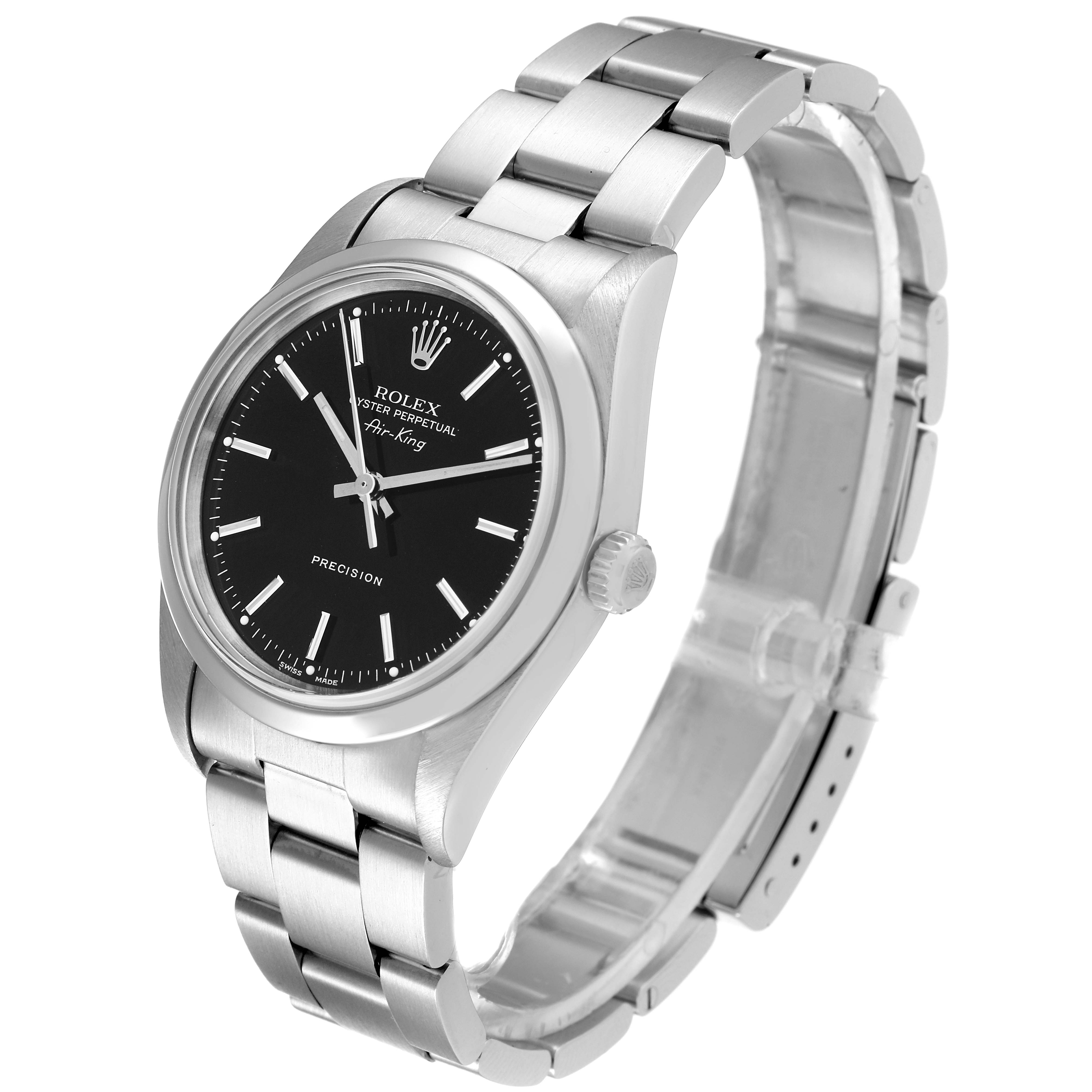 The Rolex Air-King 14000M Men's Stainless Steel Black Dial 14000M Men's Stainless Steel Black Dial watch is shown at a three-quarter angle, displaying its black dial, crown, and stainless steel bracelet.