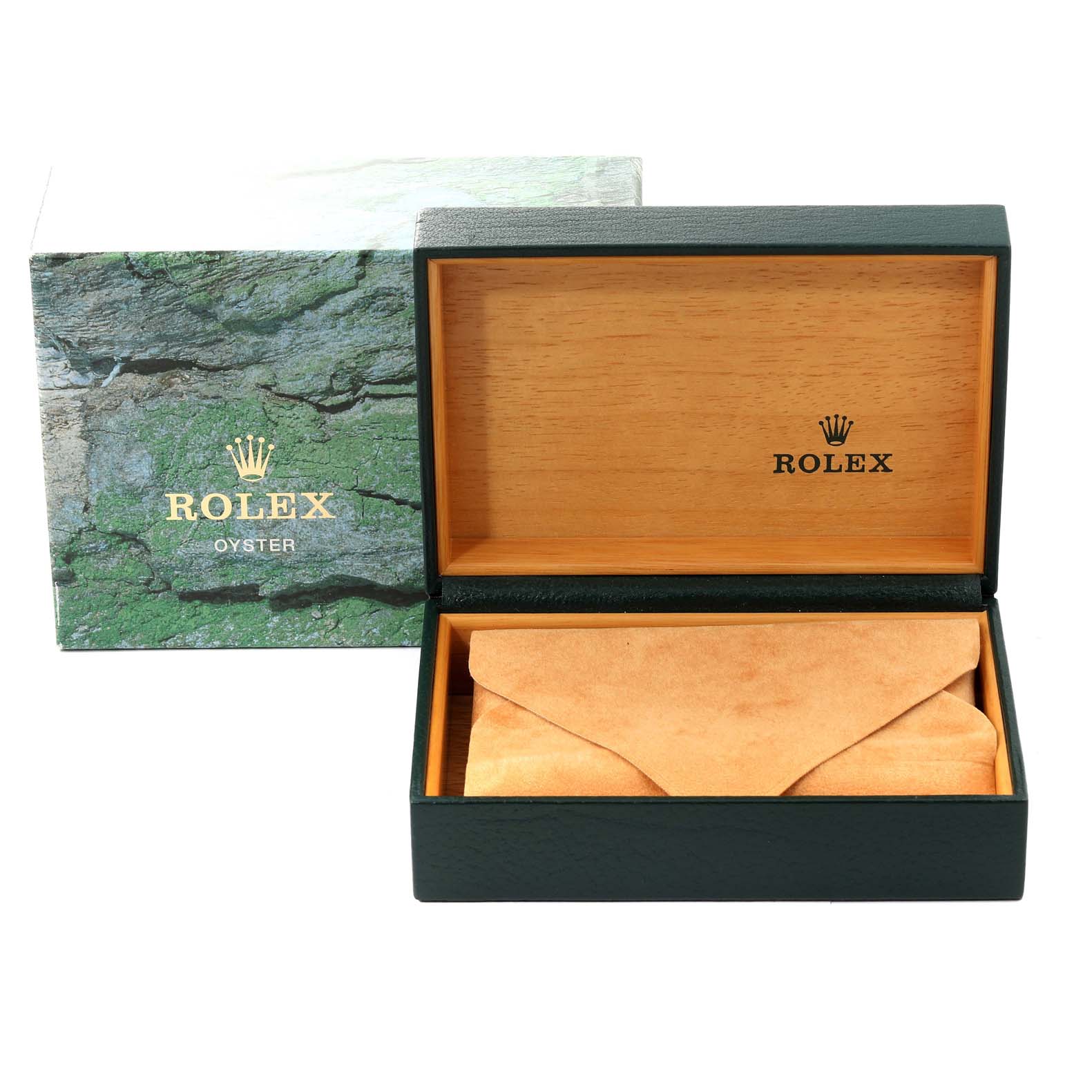 The image shows a Rolex Air-King 14000M Men's Stainless Steel Black Dial 14000M Men's Stainless Steel Black Dial watch box and packaging at a front angle, with the box open displaying a suede watch pouch.