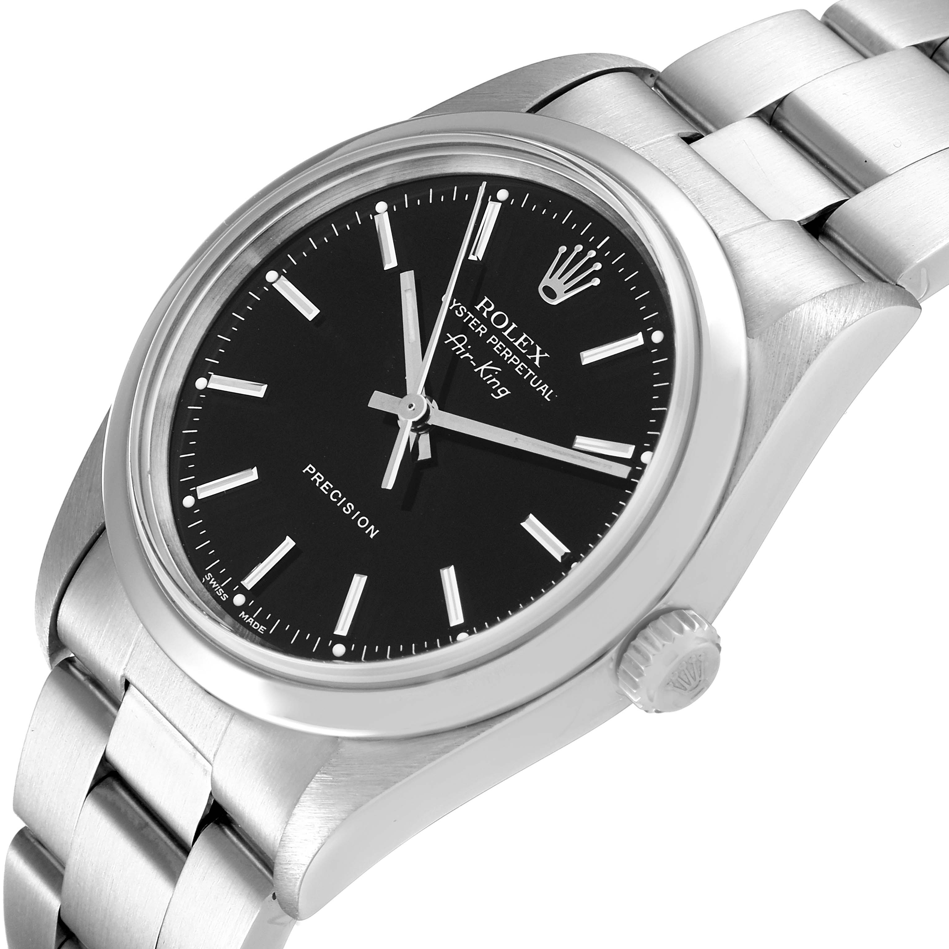 The image shows a Rolex Air-King 14000M Men's Stainless Steel Black Dial 14000M Men's Stainless Steel Black Dial watch at a slight angle, highlighting its face, crown, and bracelet.