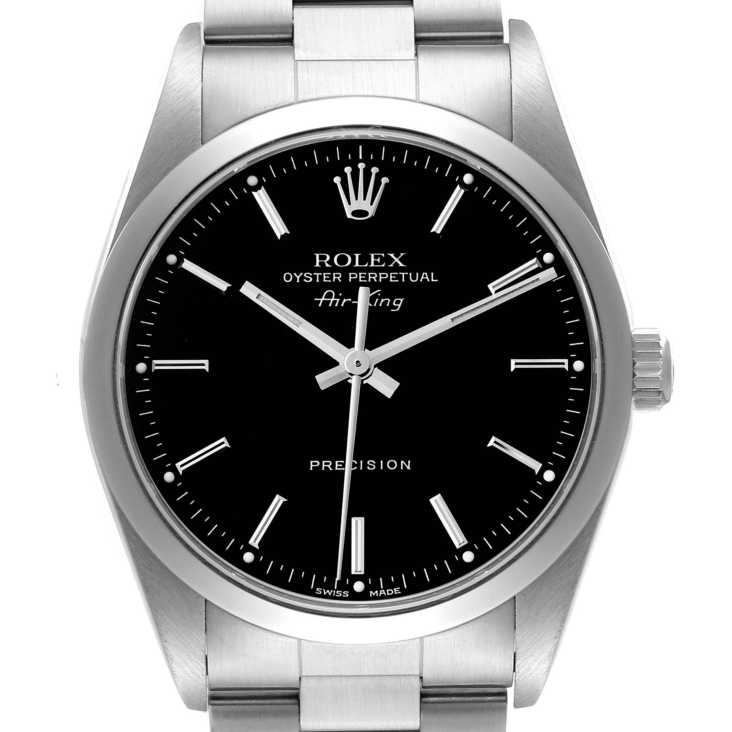 The image shows a front view of the Rolex Air-King 14000M Men's Stainless Steel Black Dial 14000M Men's Stainless Steel Black Dial watch, displaying its dial, hands, crown, and part of the stainless steel bracelet.