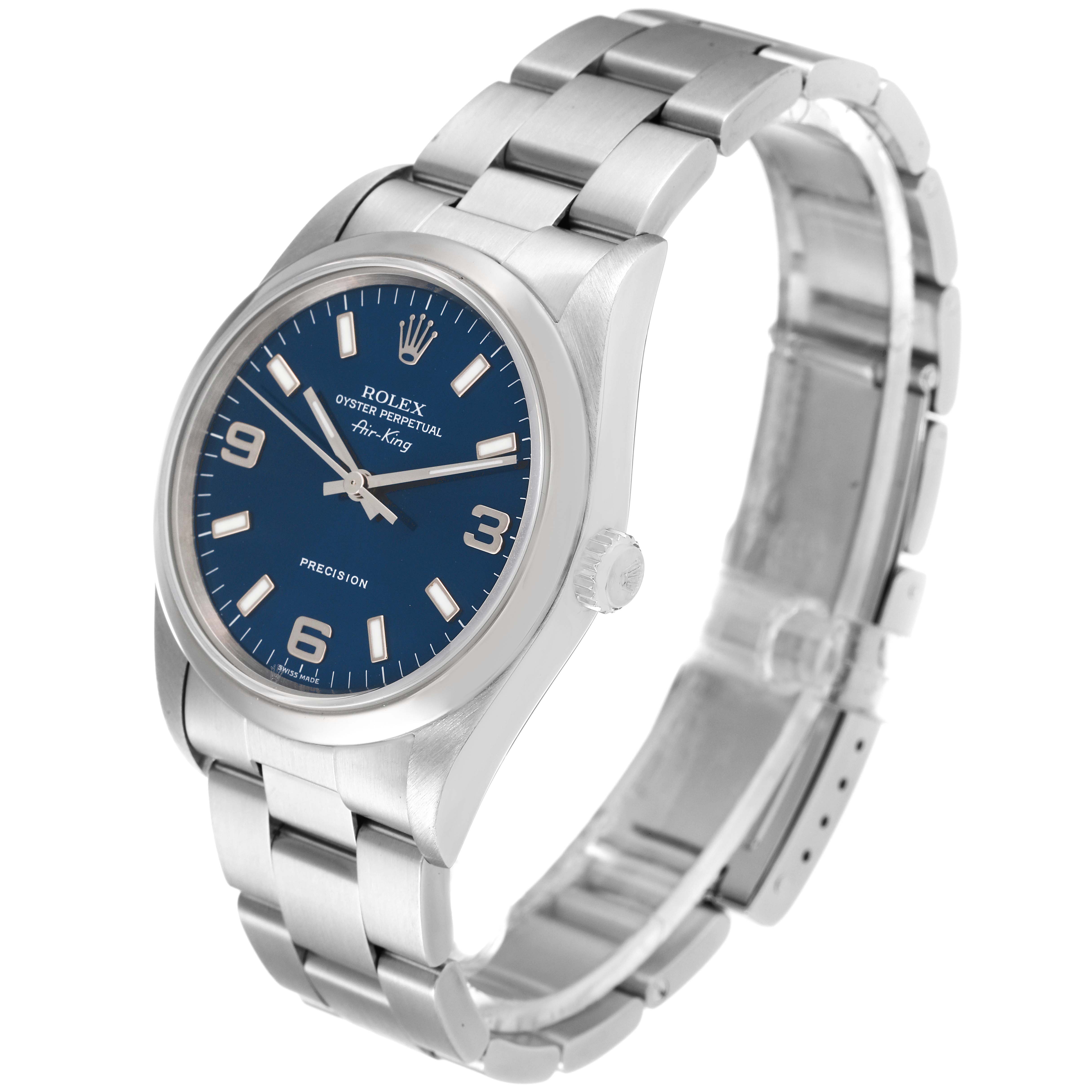 This image shows a Rolex Air-King 14000 Men's Stainless Steel Blue Dial 14000 Men's Stainless Steel Blue Dial watch at a three-quarter angle, highlighting the blue dial, silver case, and metal bracelet.