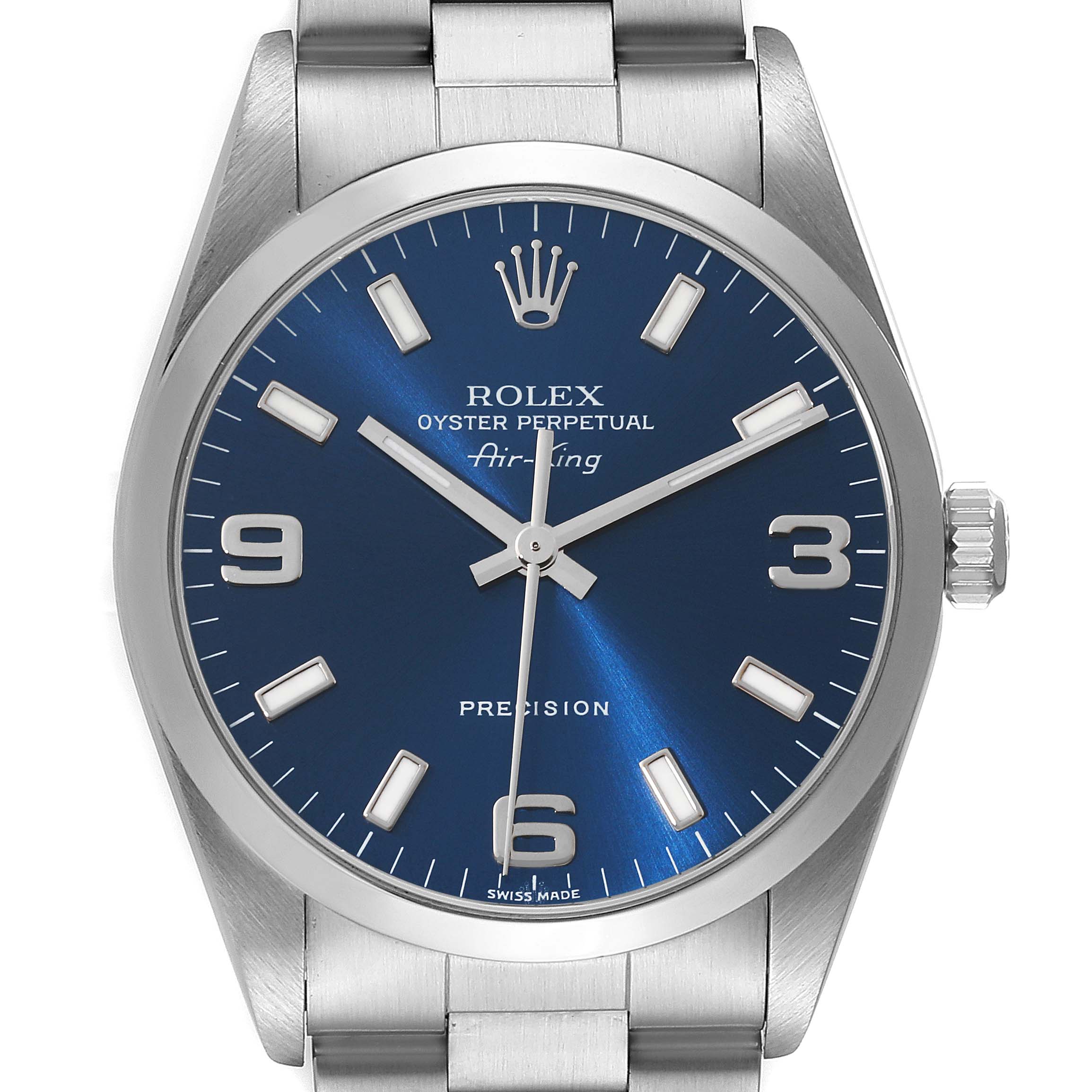 The image shows a frontal view of a Rolex Air-King 14000 Men's Stainless Steel Blue Dial 14000 Men's Stainless Steel Blue Dial watch featuring a blue dial with silver hour markers and a stainless steel bracelet.