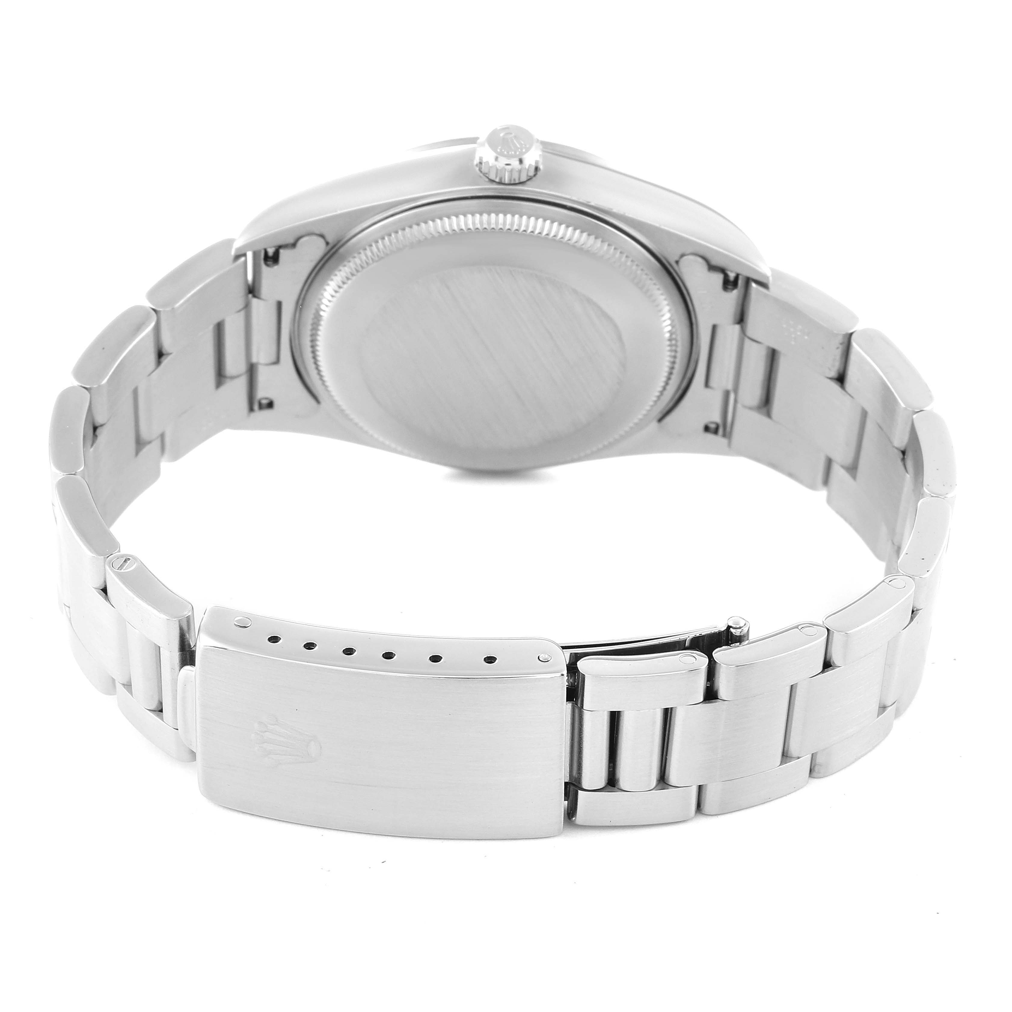 The image shows the back view of a Rolex Air-King 14000 Men's Stainless Steel Blue Dial 14000 Men's Stainless Steel Blue Dial watch, focusing on the case back, crown, and bracelet with clasp.