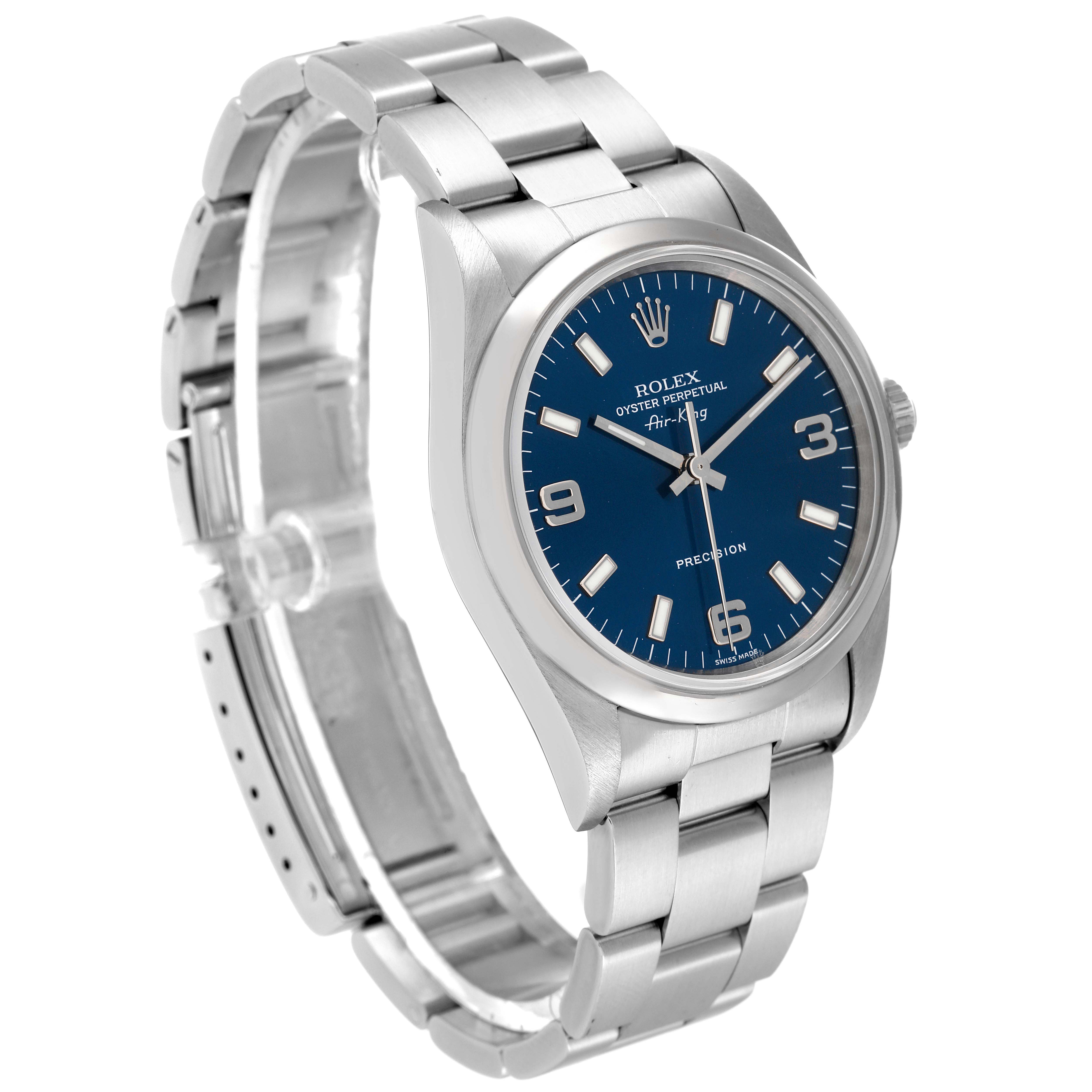 The image shows a Rolex Air-King 14000 Men's Stainless Steel Blue Dial 14000 Men's Stainless Steel Blue Dial watch at a slight angle, displaying its face, bracelet, and clasp.