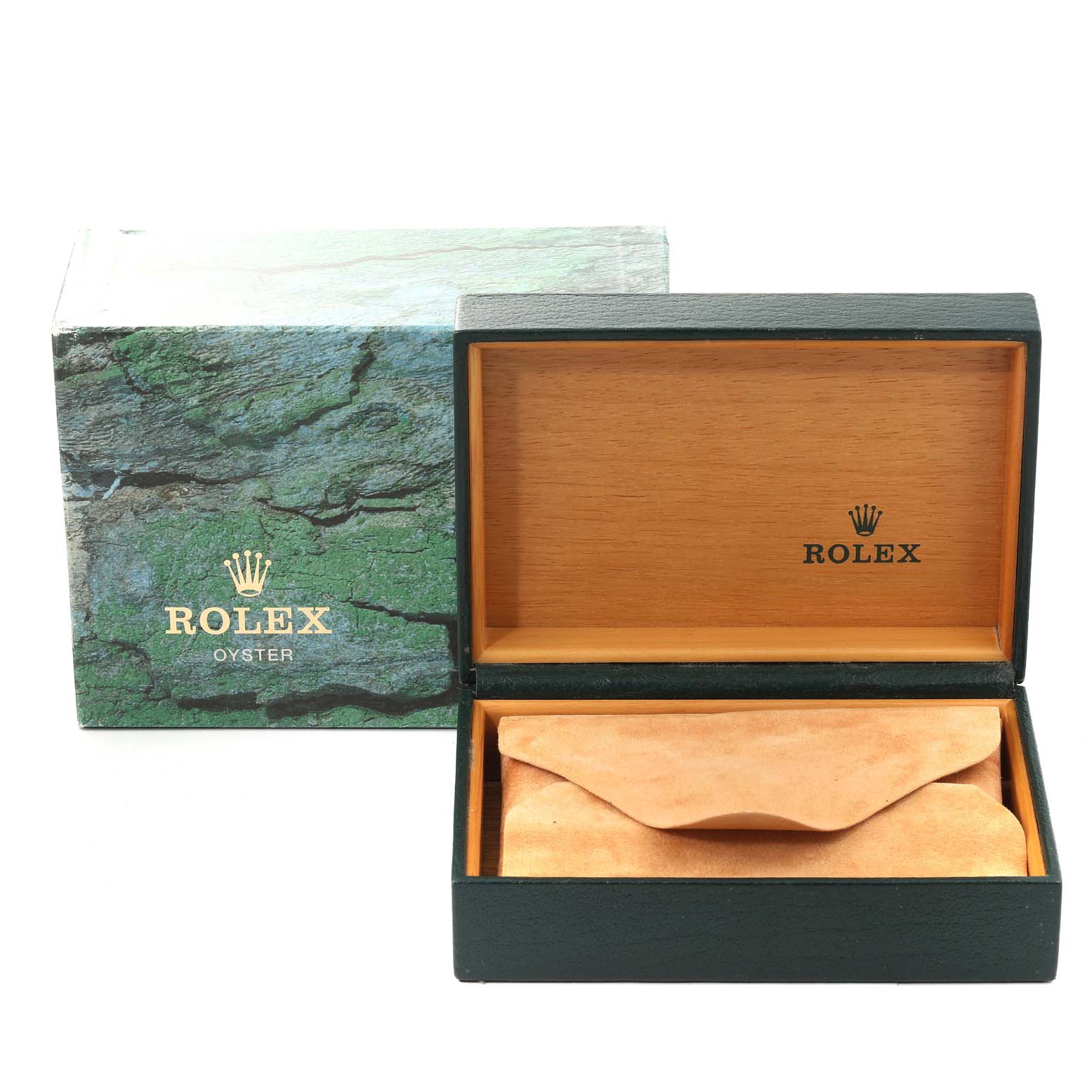 The image shows an open Rolex box for an Air-King model watch, alongside a closed outer green box.