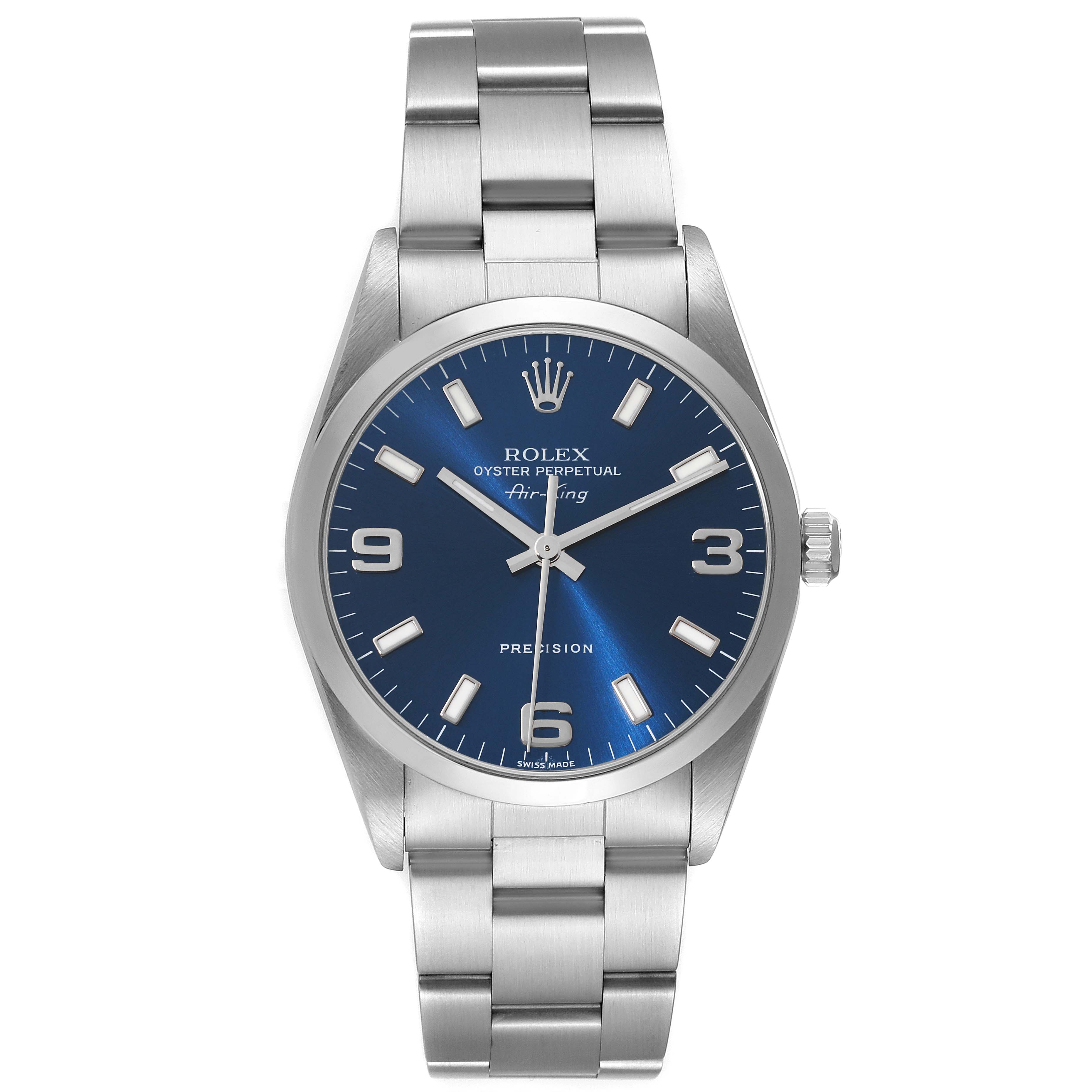 The image shows a front view of the Rolex Air-King 14000 Men's Stainless Steel Blue Dial 14000 Men's Stainless Steel Blue Dial watch, featuring its blue dial and stainless steel bracelet.
