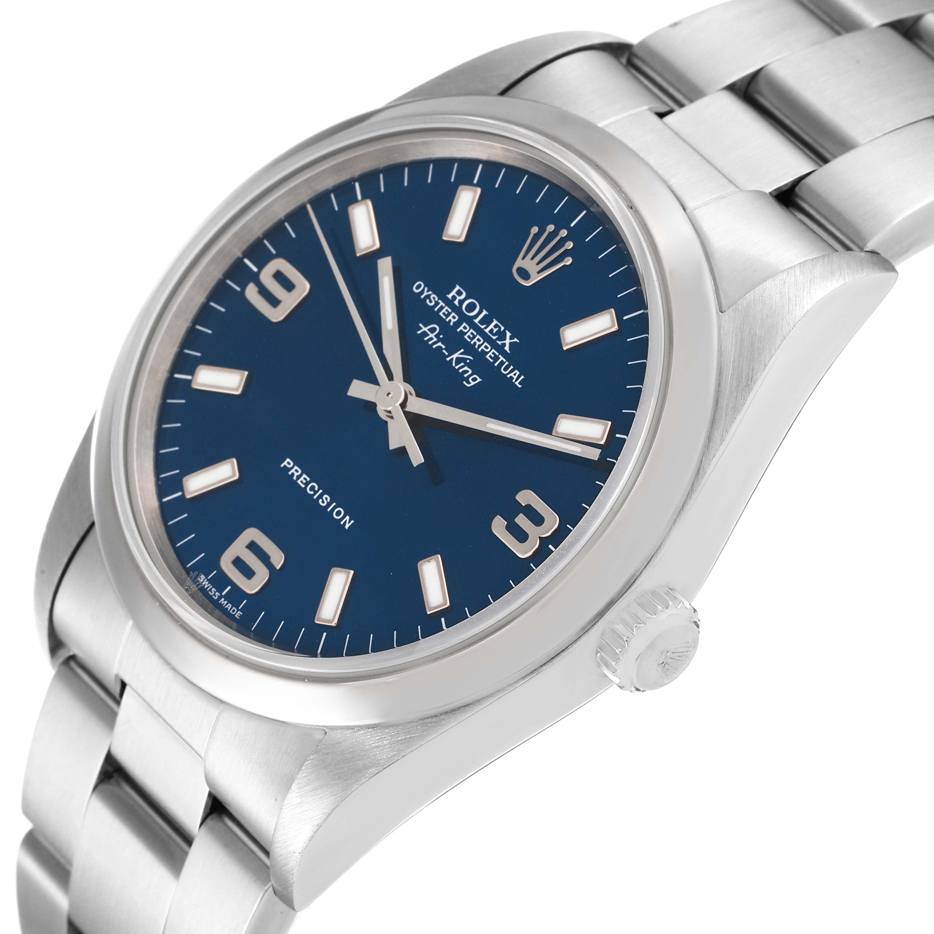 This image shows a close-up of the Rolex Air-King 14000 Men's Stainless Steel Blue Dial 14000 Men's Stainless Steel Blue Dial watch from a slightly angled top view, highlighting its face and bracelet.