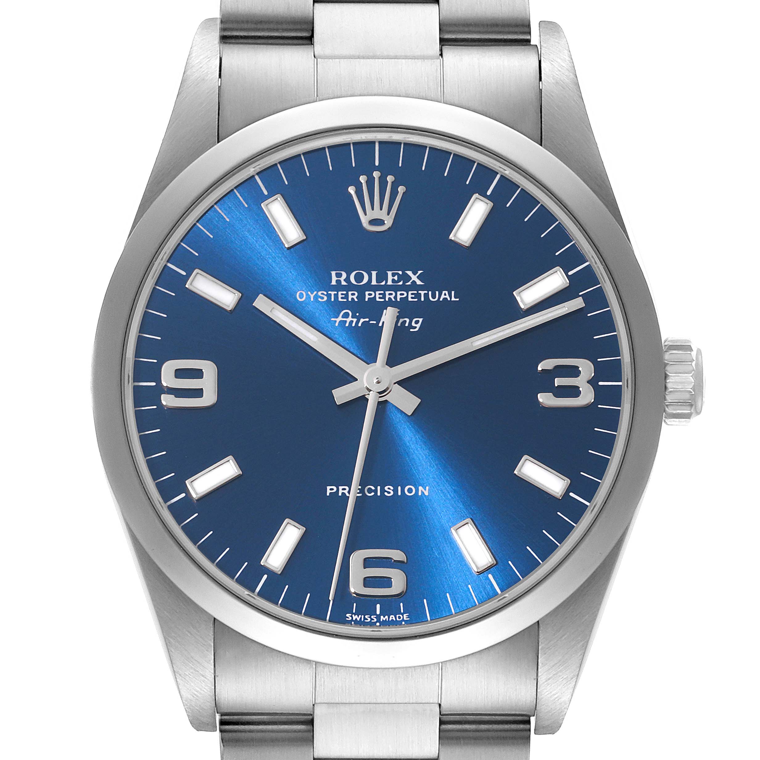This image shows a front view of an Air-King Rolex watch displaying its blue dial, hour markers, hands, and part of the bracelet.
