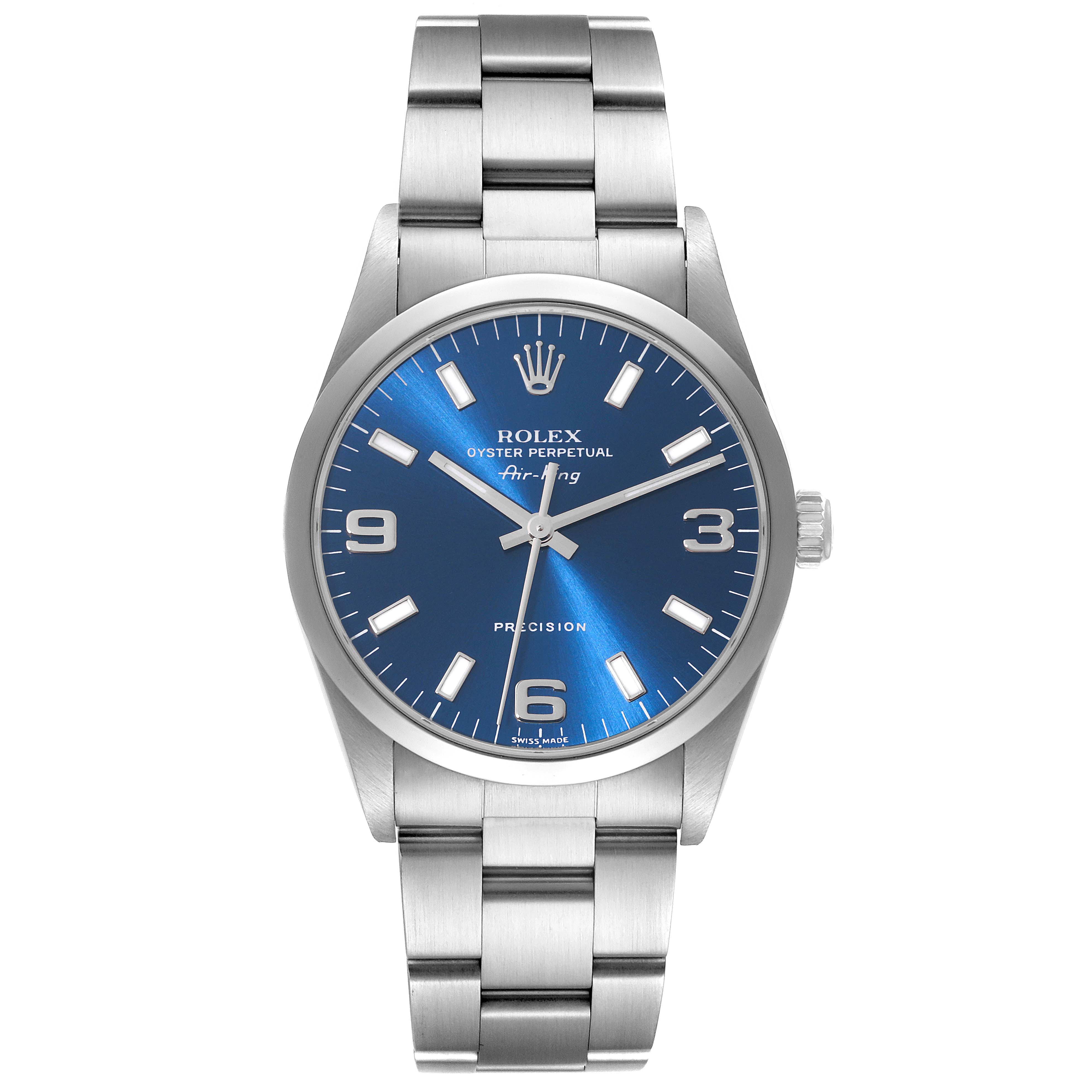This is a front view of the Rolex Air-King 14000 Men's Stainless Steel Blue Dial 14000 Men's Stainless Steel Blue Dial watch, showing the face, bezel, and stainless steel bracelet.