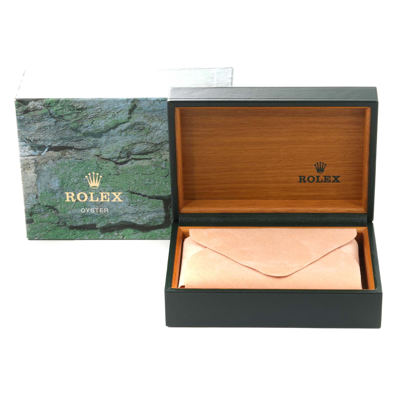 The image shows the packaging box and wooden display box of a Rolex Air-King 14000 Men's Stainless Steel Blue Dial 14000 Men's Stainless Steel Blue Dial watch, with the watch case closed inside.
