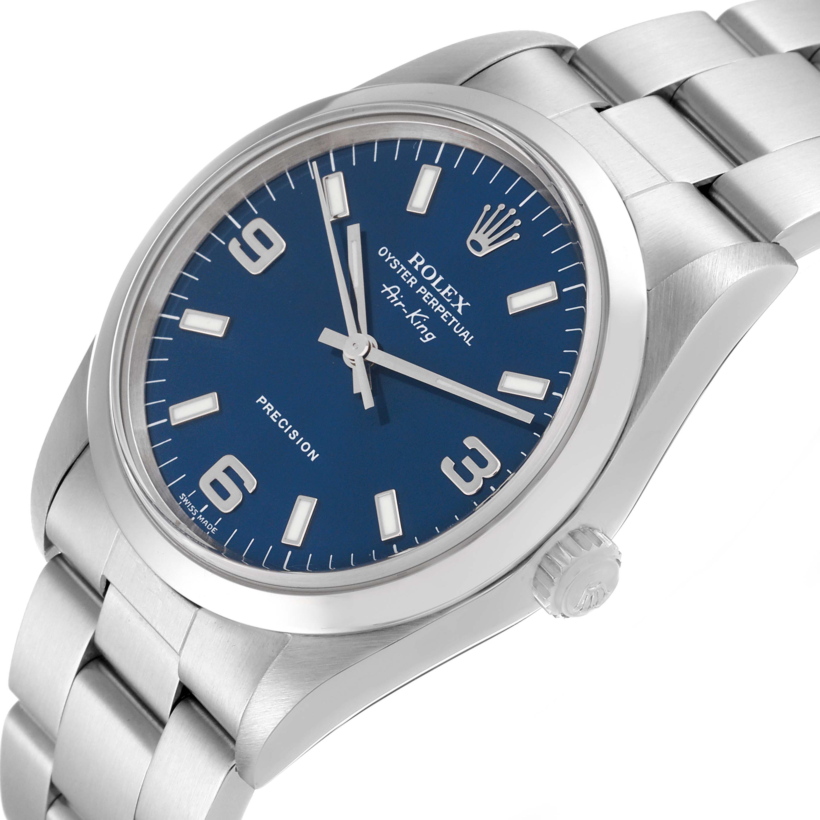 The image shows a Rolex Air-King 14000 Men's Stainless Steel Blue Dial 14000 Men's Stainless Steel Blue Dial watch at an angle highlighting the face, dial, crown, and part of the bracelet.