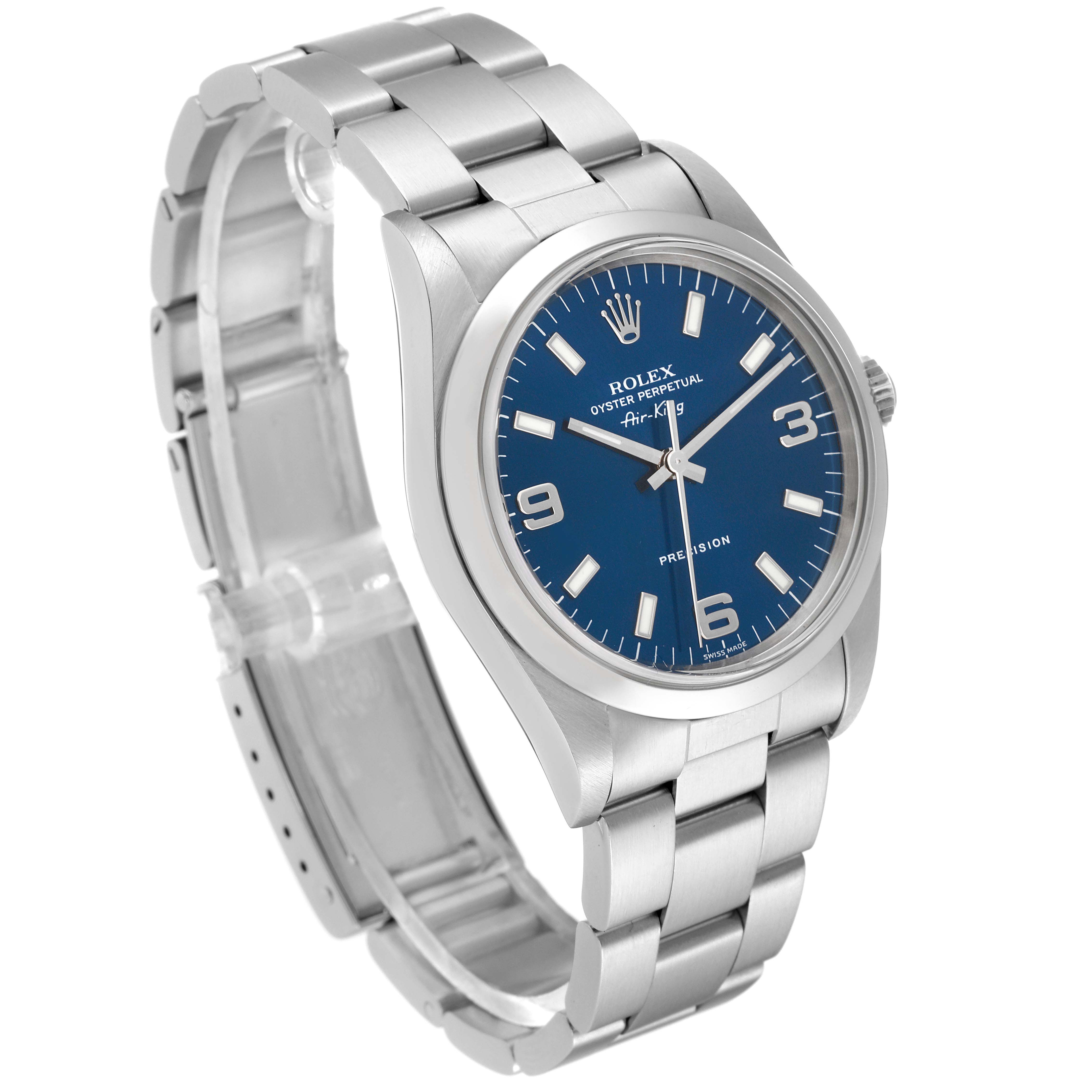 This image shows a Rolex Air-King 14000 Men's Stainless Steel Blue Dial 14000 Men's Stainless Steel Blue Dial watch at a three-quarter angle, highlighting the dial, bezel, case, and bracelet.