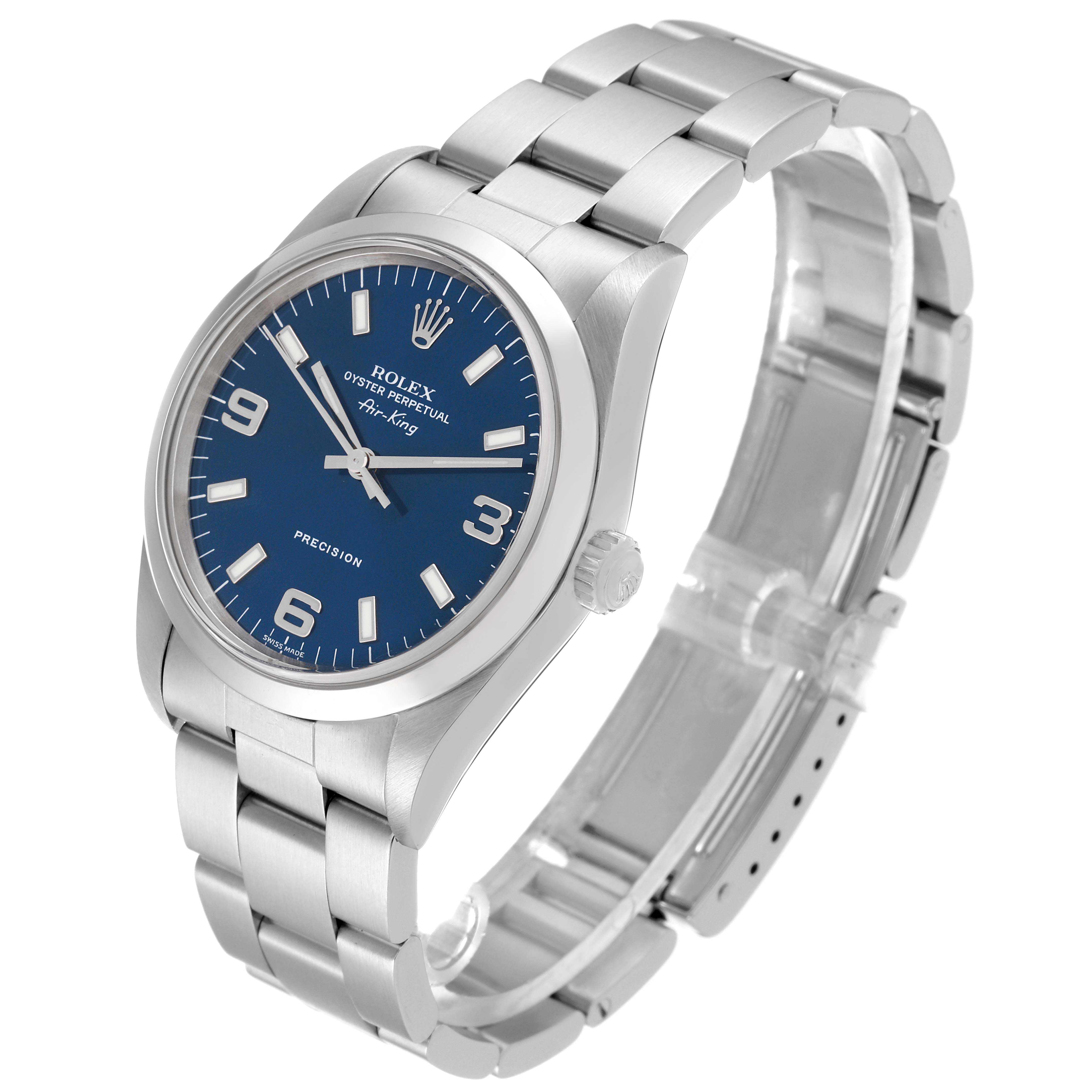 This image shows a Rolex Air-King 14000 Men's Stainless Steel Blue Dial 14000 Men's Stainless Steel Blue Dial watch at an angled view, highlighting the dial, bezel, crown, and bracelet.