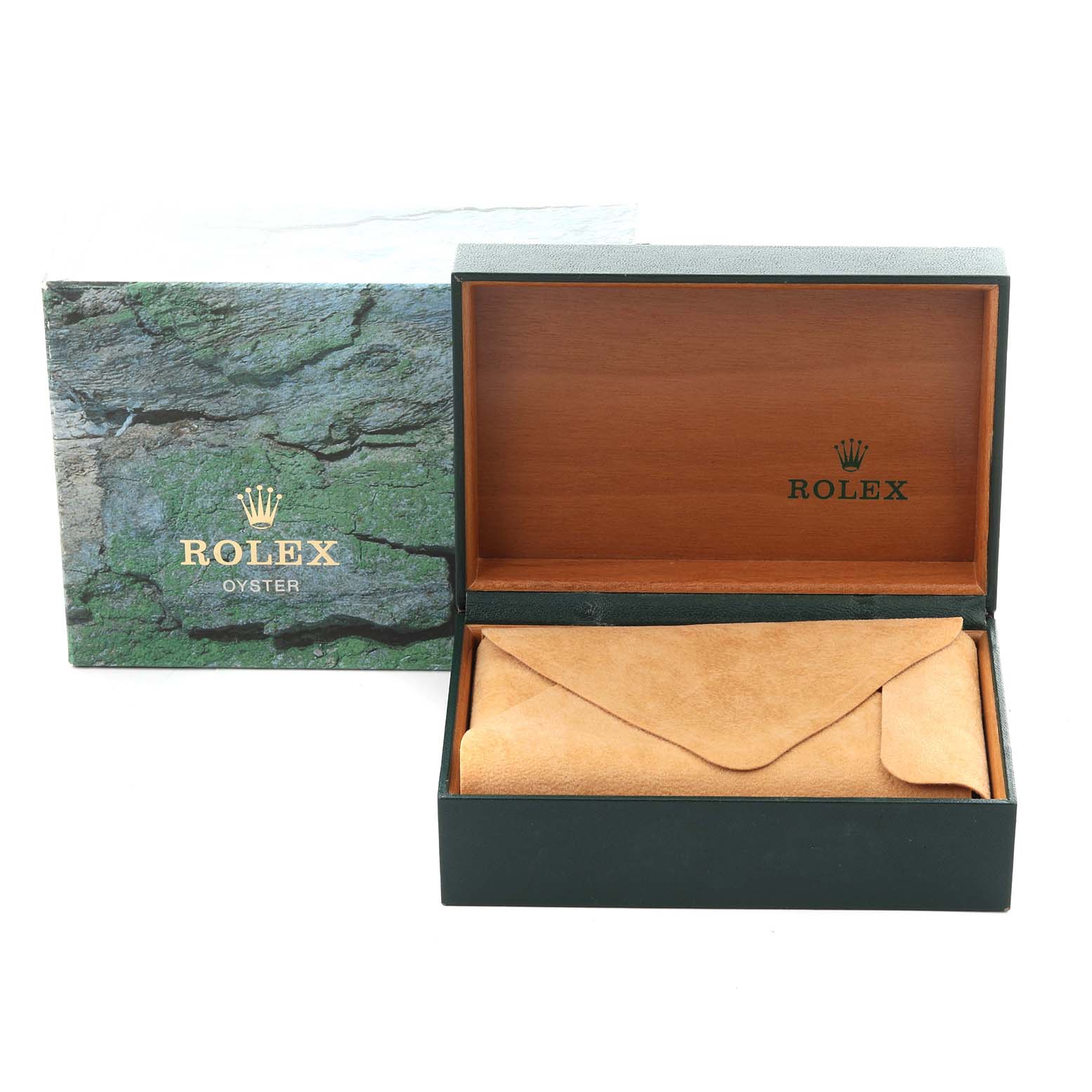 The image shows a Rolex Air-King 14000M Men's Stainless Steel Blue Dial 14000M Men's Stainless Steel Blue Dial presentation box, open to reveal a suede pouch inside.