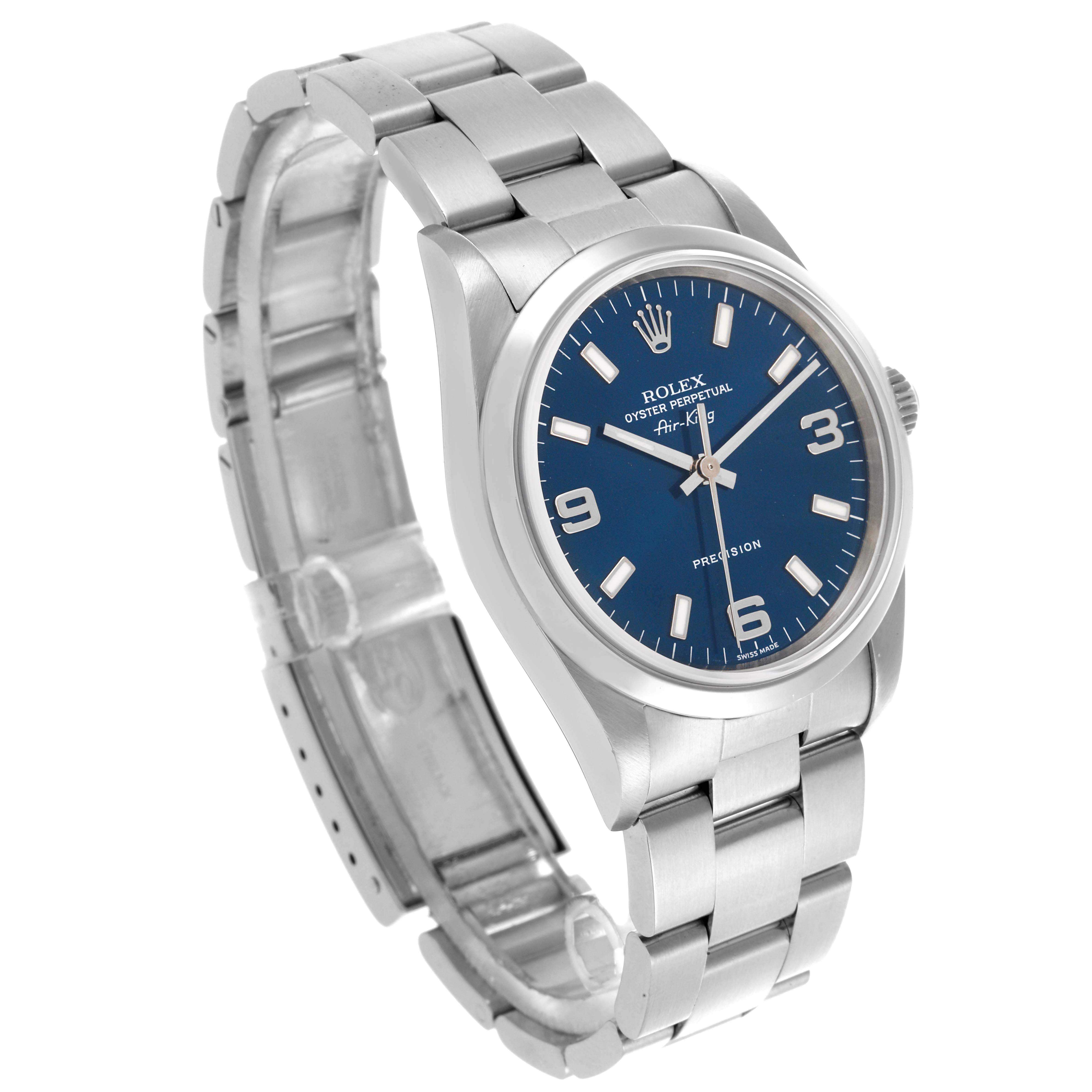 The Rolex Air-King 14000M Men's Stainless Steel Blue Dial 14000M Men's Stainless Steel Blue Dial watch is shown at an angled view, highlighting the face, bezel, and part of the metal bracelet.