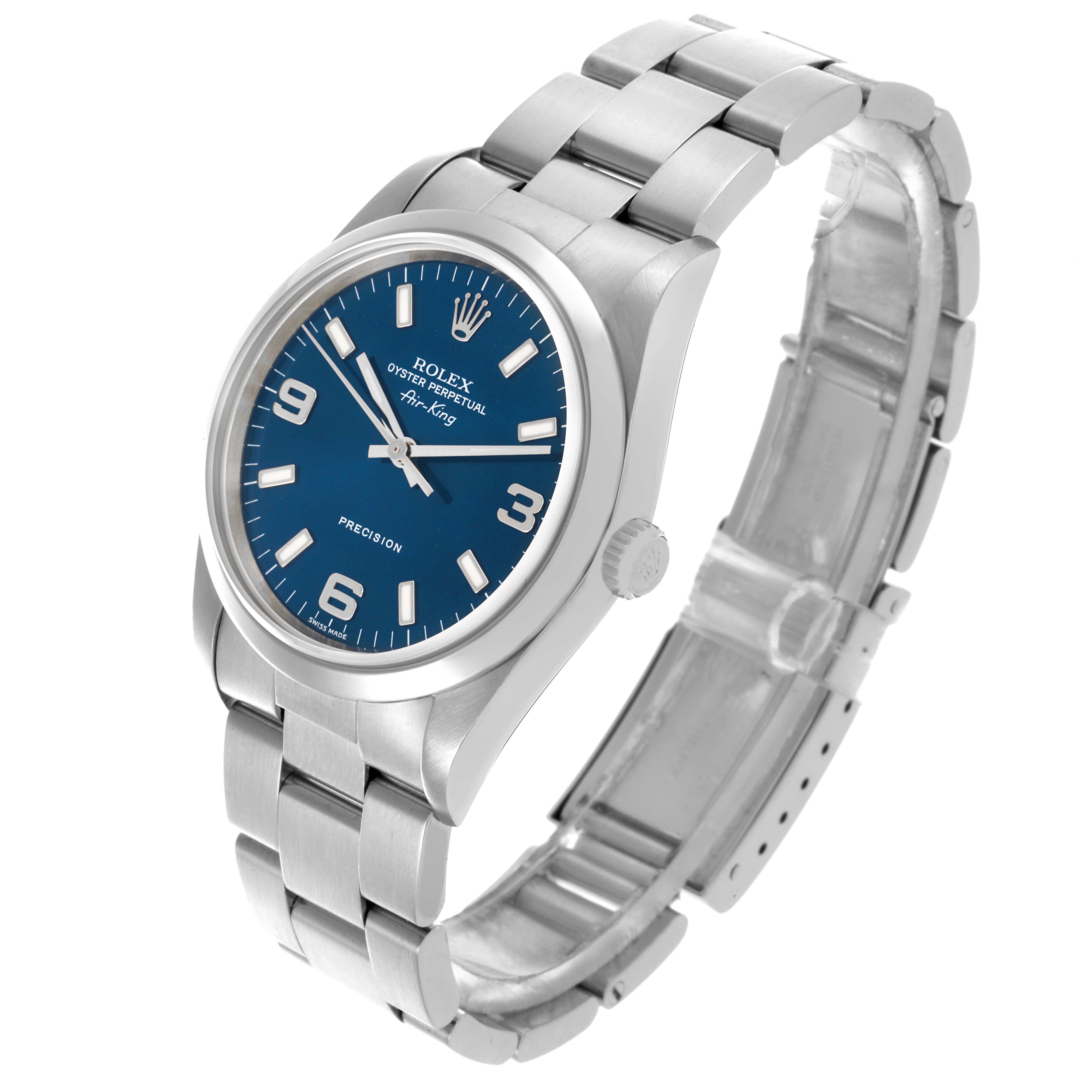 The Rolex Air-King 14000M Men's Stainless Steel Blue Dial 14000M Men's Stainless Steel Blue Dial watch is shown at a three-quarter angle, highlighting the face, bezel, and bracelet.