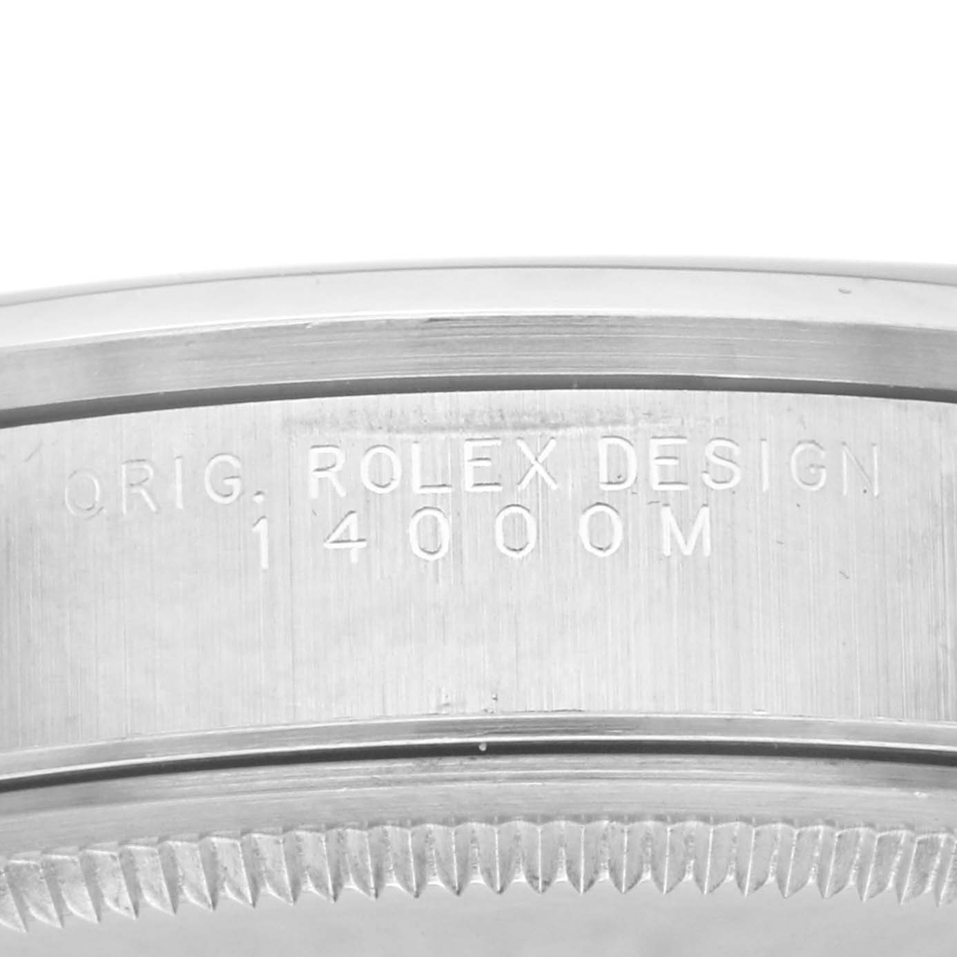 The image shows the side engraving on the bezel of a Rolex Air-King 14000M Men's Stainless Steel Blue Dial 14000M Men's Stainless Steel Blue Dial, highlighting the model number 14000M.