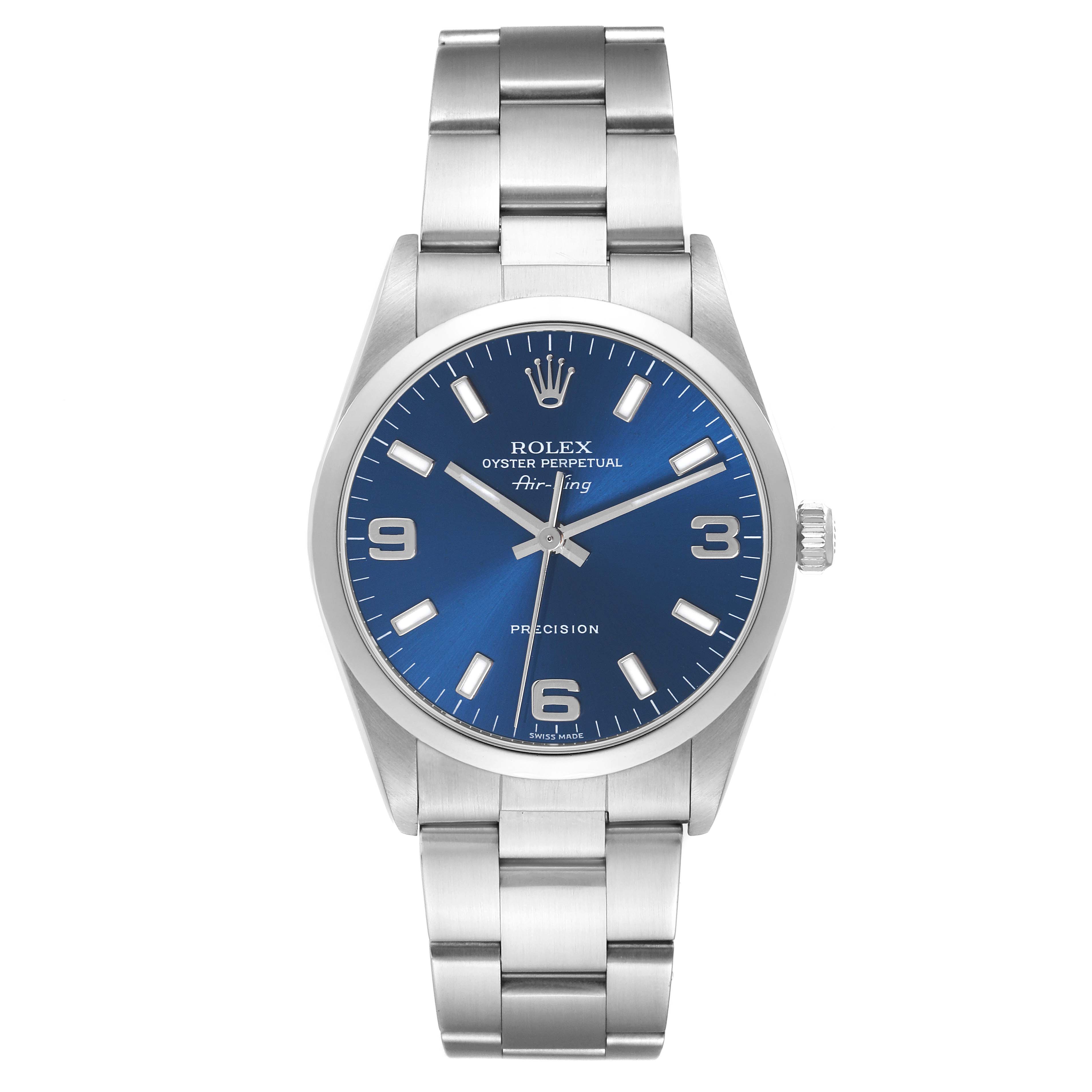 The Rolex Air-King 14000M Men's Stainless Steel Blue Dial 14000M Men's Stainless Steel Blue Dial watch is shown from a front angle, highlighting the blue dial and stainless steel bracelet.
