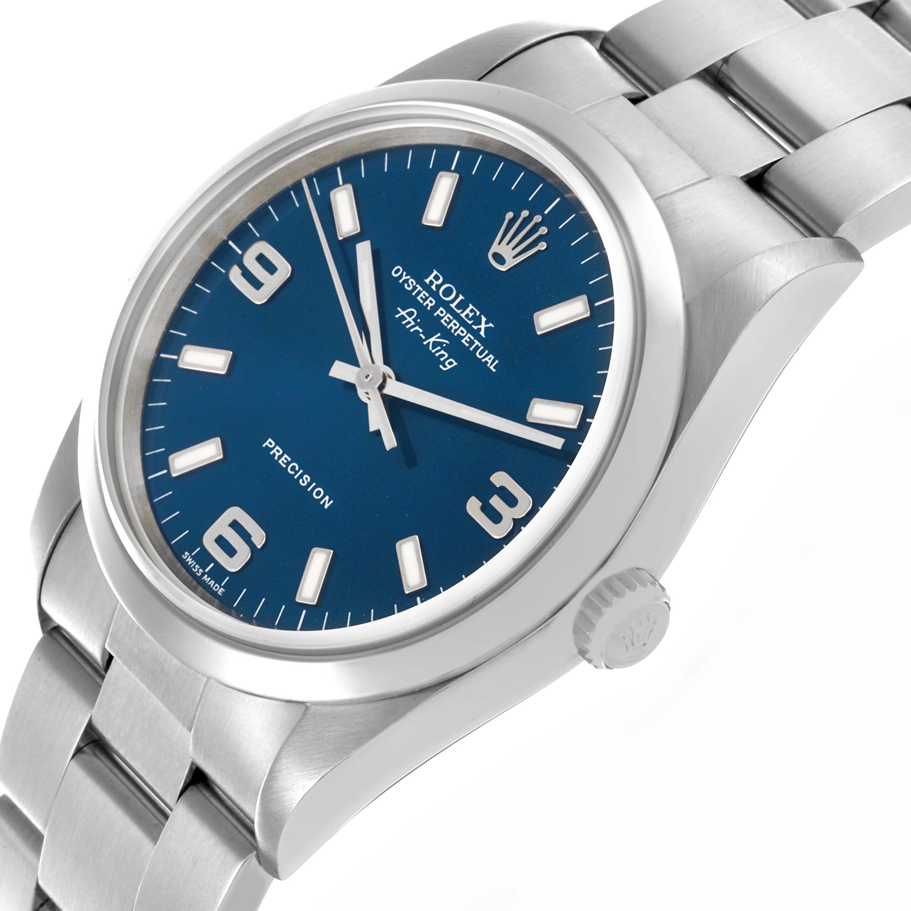 The Rolex Air-King 14000M Men's Stainless Steel Blue Dial 14000M Men's Stainless Steel Blue Dial watch is shown at an angled side view, displaying the face, crown, and bracelet.