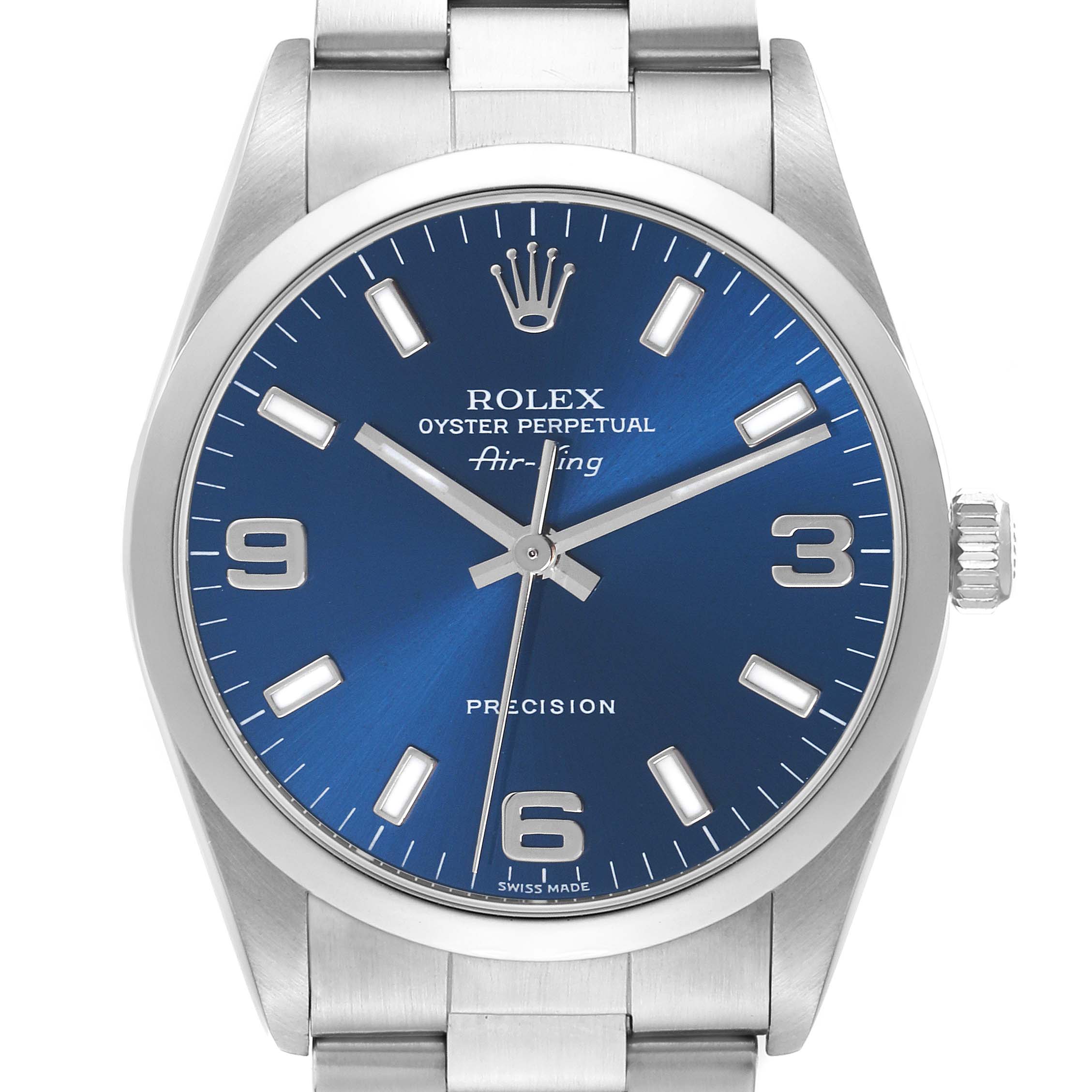 The Rolex Air-King 14000M Men's Stainless Steel Blue Dial 14000M Men's Stainless Steel Blue Dial watch is shown from a front angle, highlighting its blue dial, hour markers, and part of its bracelet.